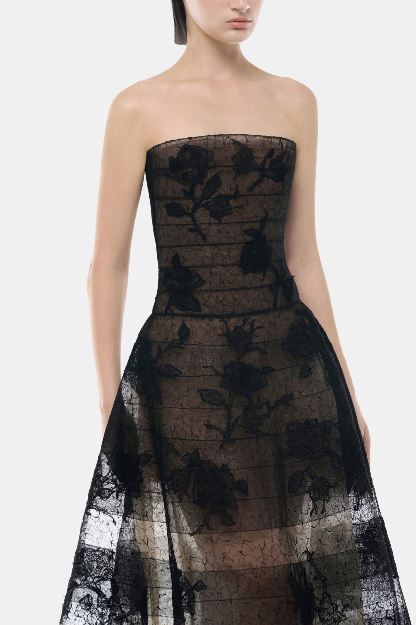 Black Floral Appliqué Midi Dress - Montsand