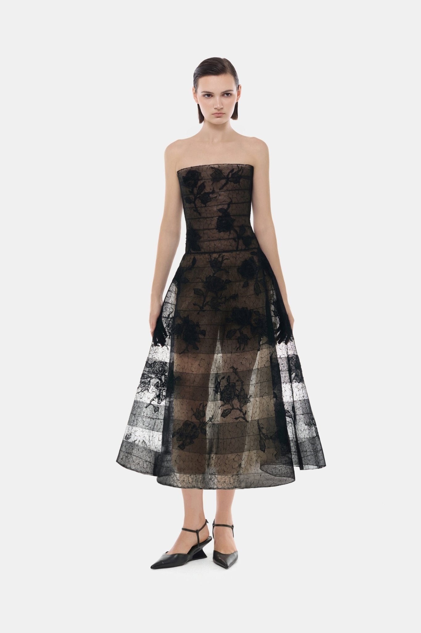 Black Floral Appliqué Midi Dress - Montsand