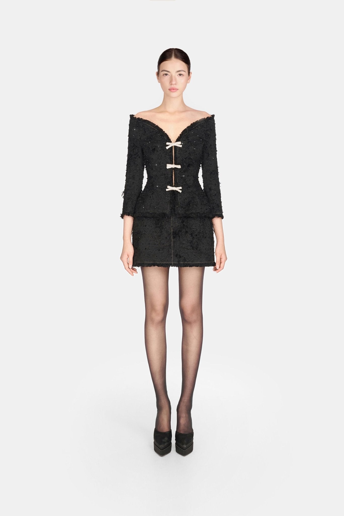 Black Off - shoulder Crystal Beaded Blazer - Montsand