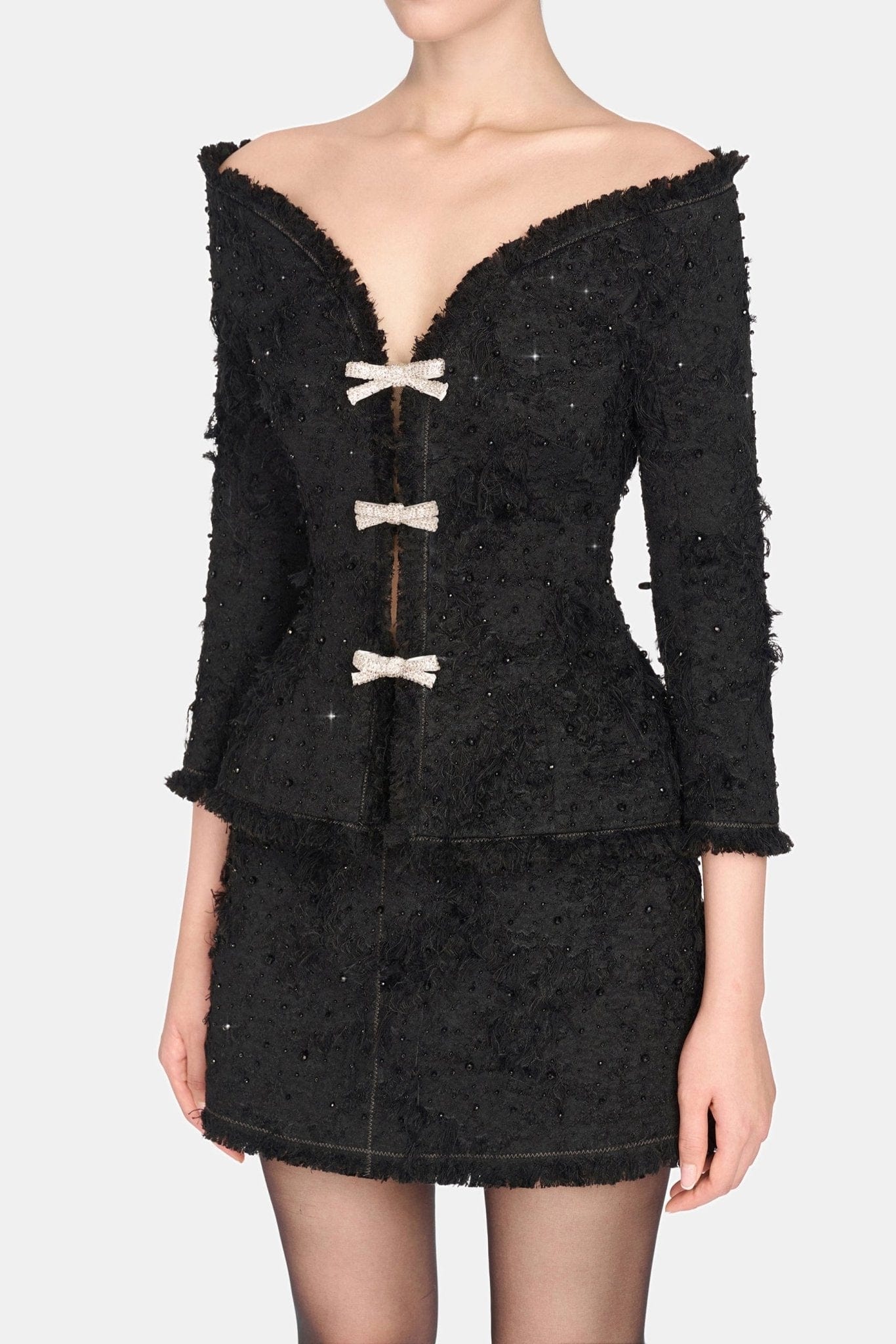 Black Off - shoulder Crystal Beaded Blazer - Montsand
