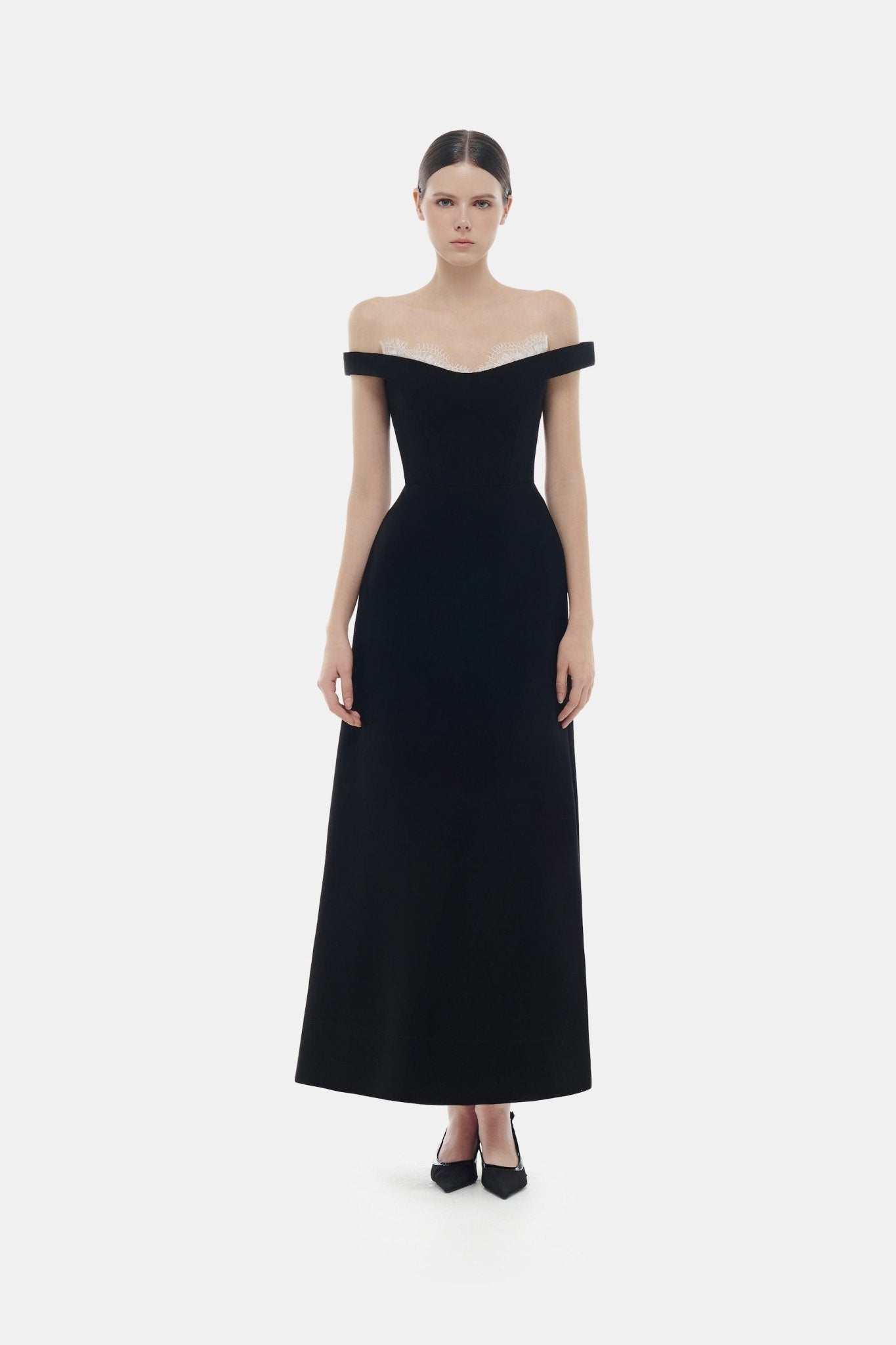 Black Off Shoulder Lace Detail Midi Dress – Montsand