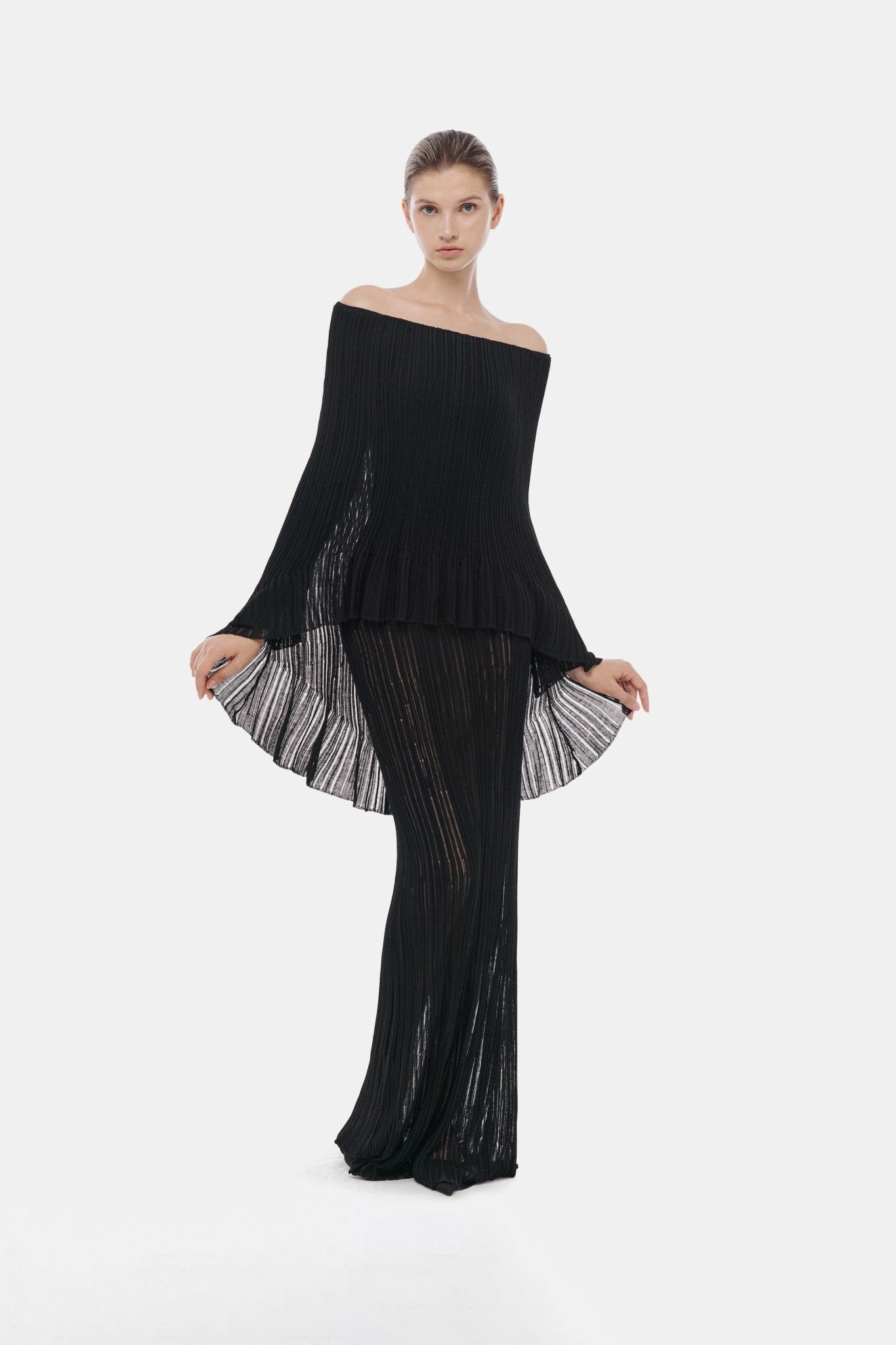 off the shoulder pleated dress Black Off-Shoulder Pleated Maxi Dress S
