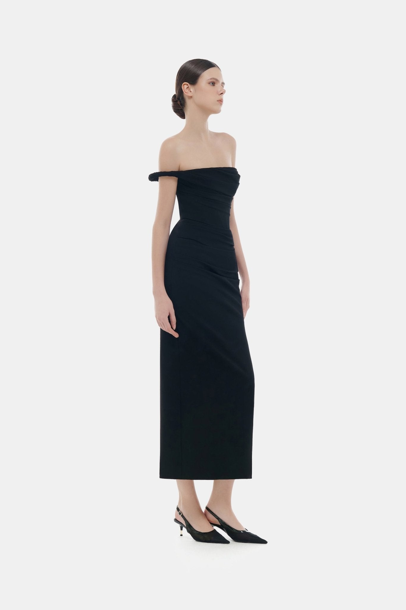 Black One-off Shoulder Draped Midi Dress L