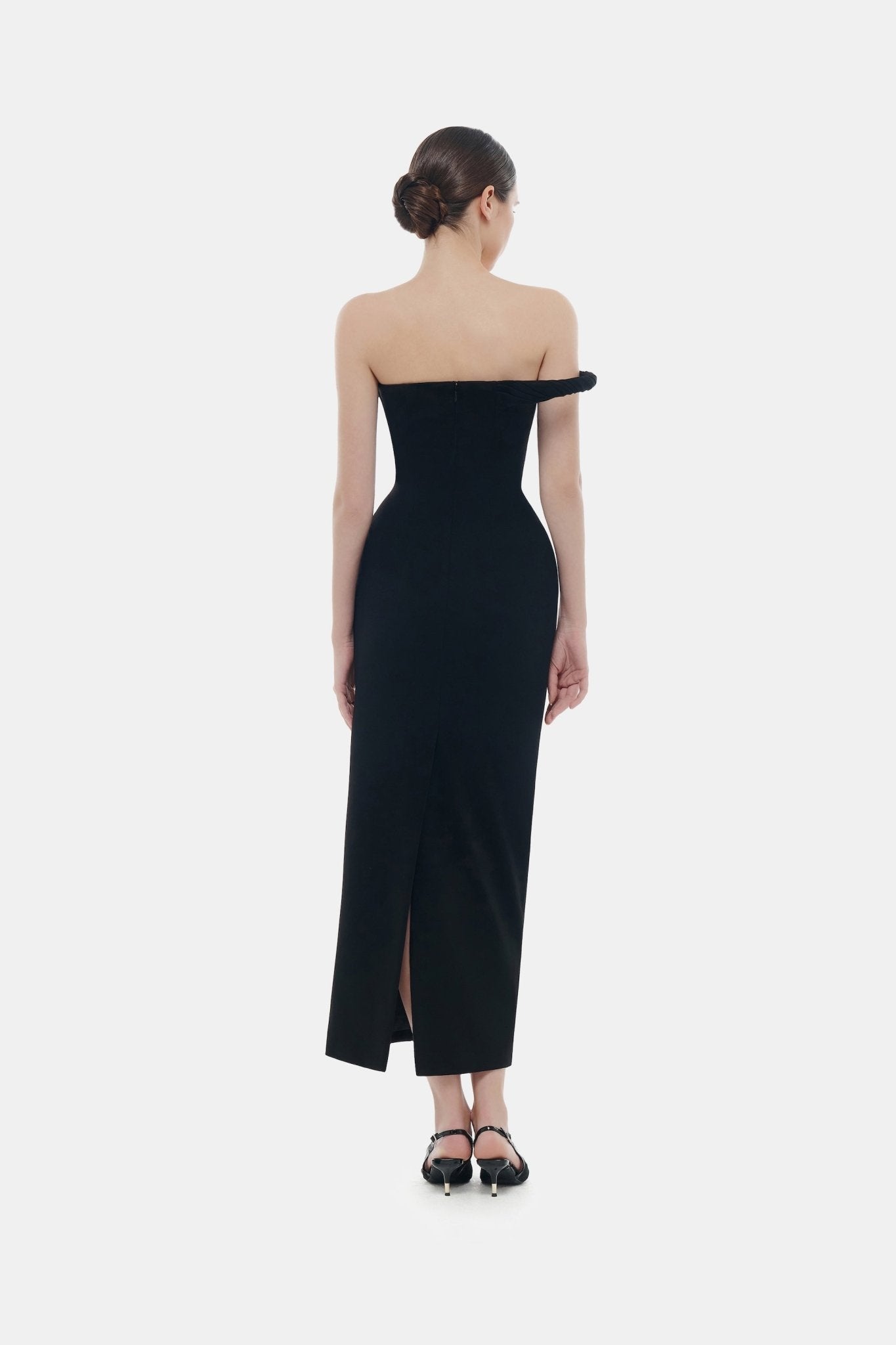 Black One-off Shoulder Draped Midi Dress L