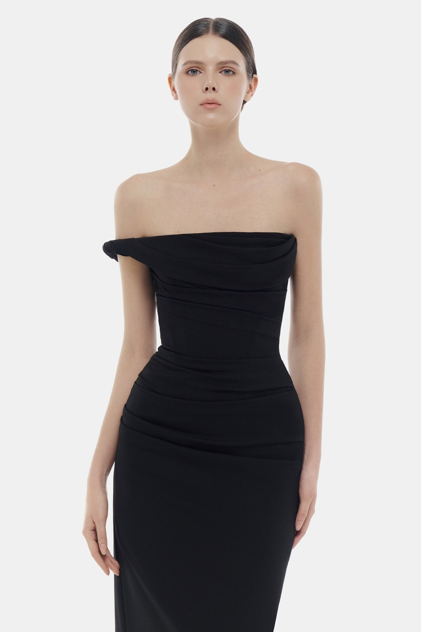 Black One-off Shoulder Draped Midi Dress S Black One-off Shoulder Draped Midi Dress S