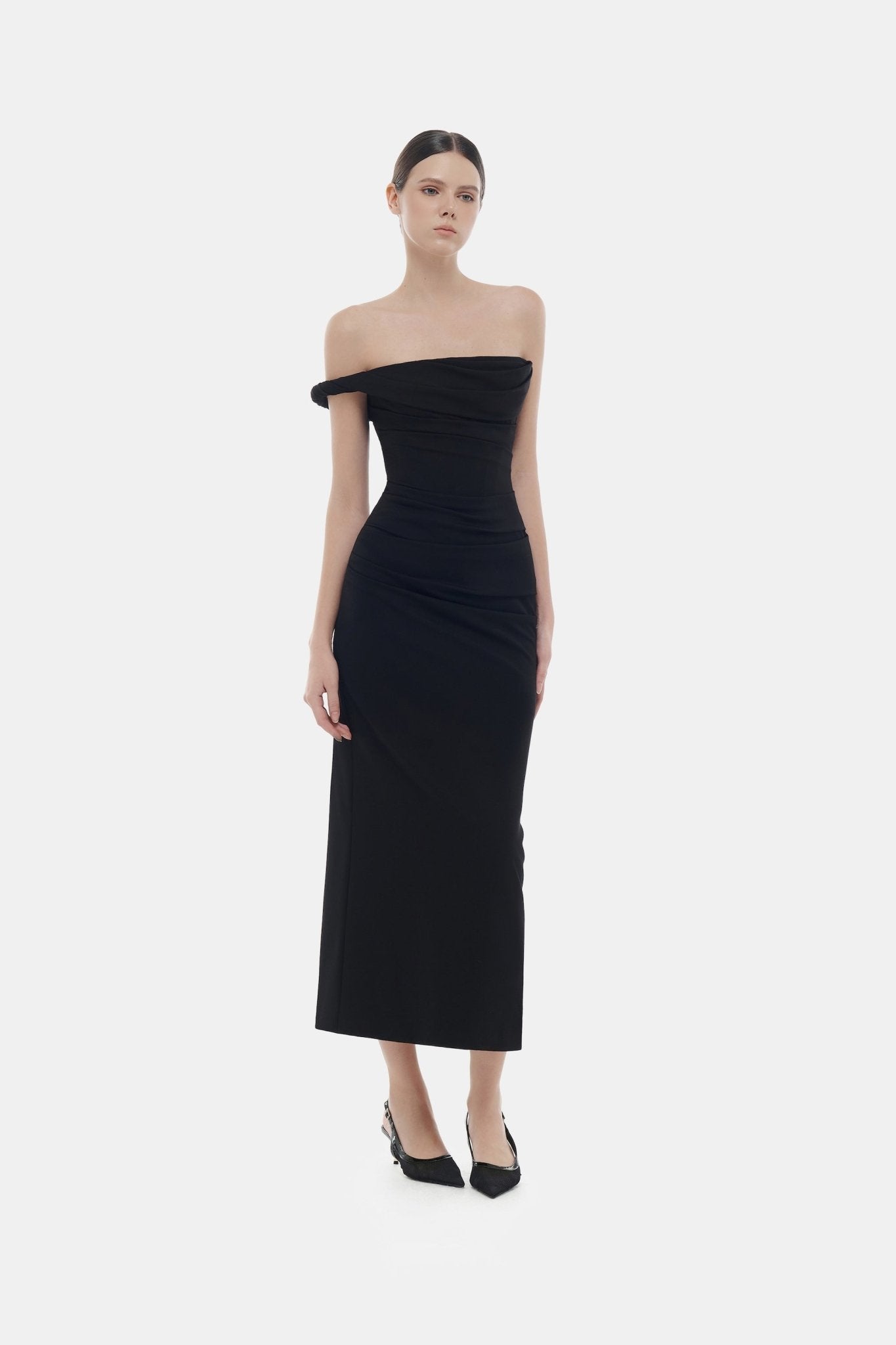Black One-off Shoulder Draped Midi Dress S Black One-off Shoulder Draped Midi Dress S