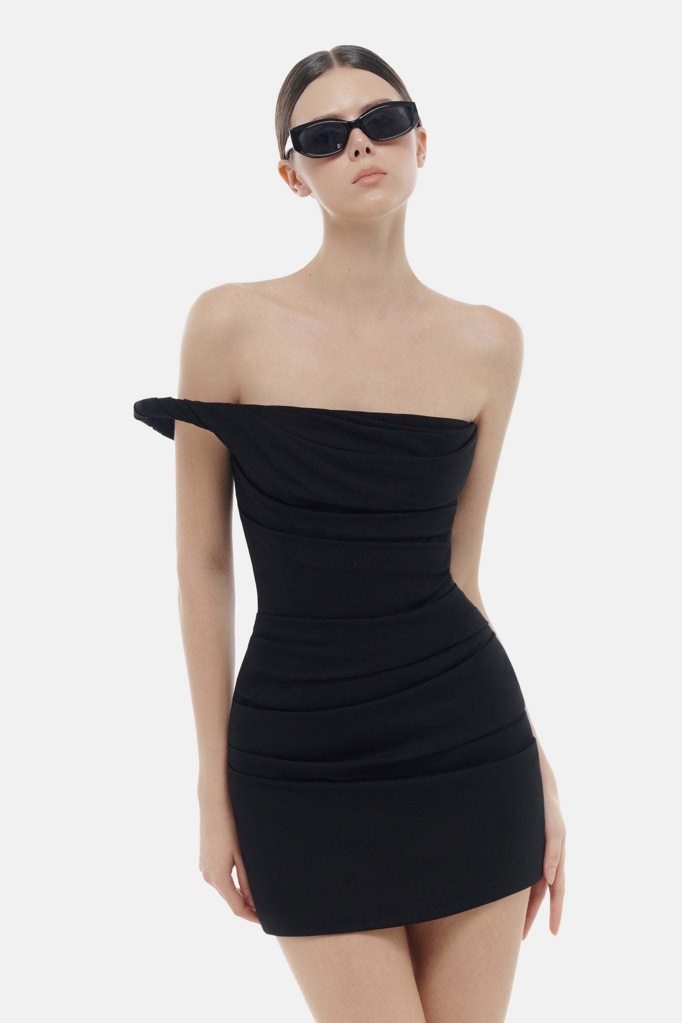 Black One-off Shoulder Draped Mini Dress S Black One-off Shoulder Draped Mini Dress S