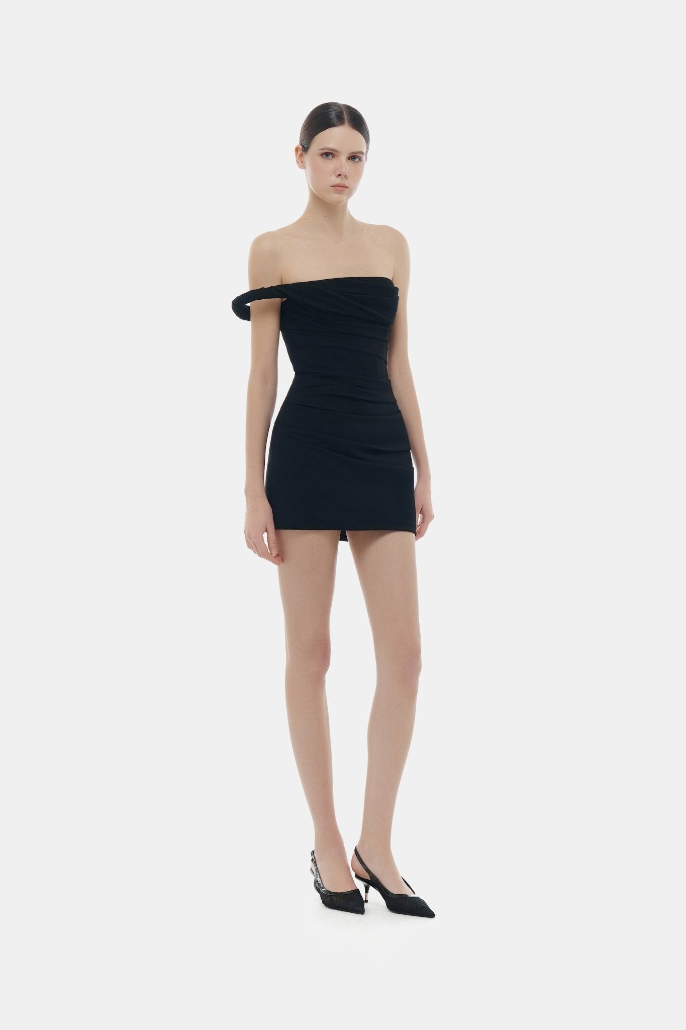 Black One-off Shoulder Draped Mini Dress Montsand Black One-off Shoulder Draped Mini Dress Montsand