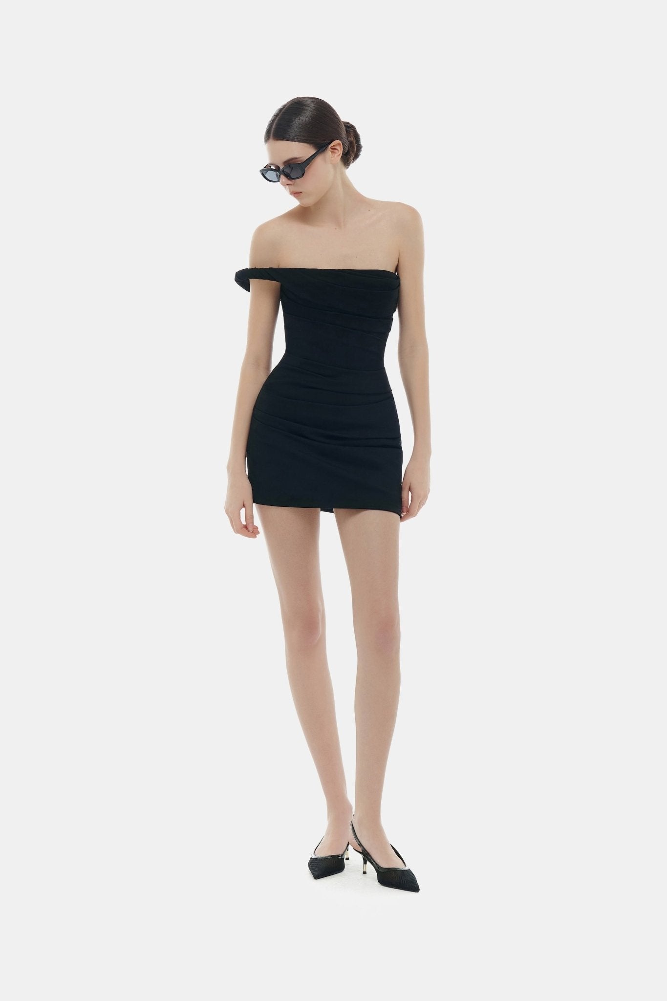 Black One-off Shoulder Draped Mini Dress XXL