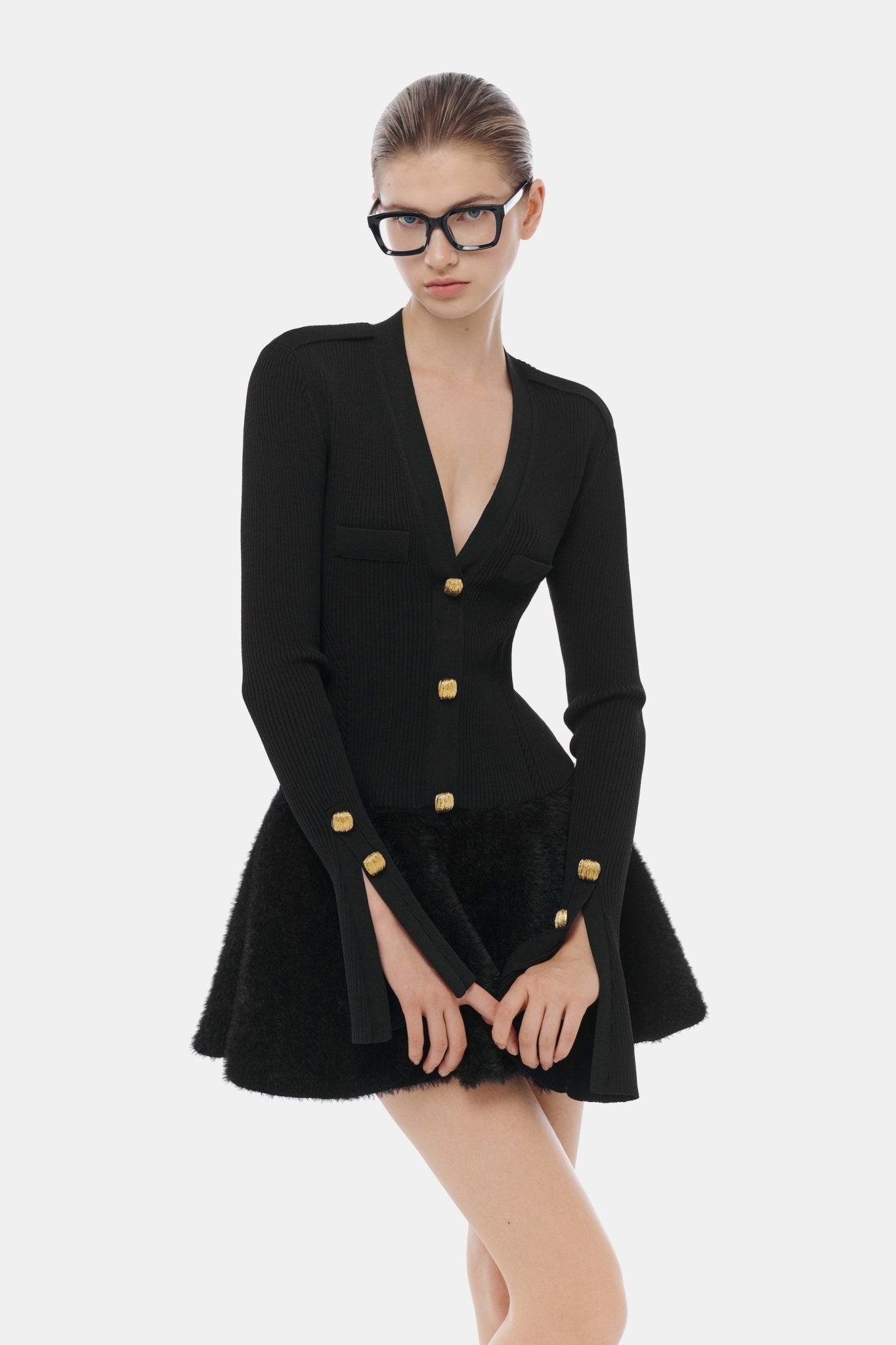 Black Ribbed Flared Mini Dress - Montsand