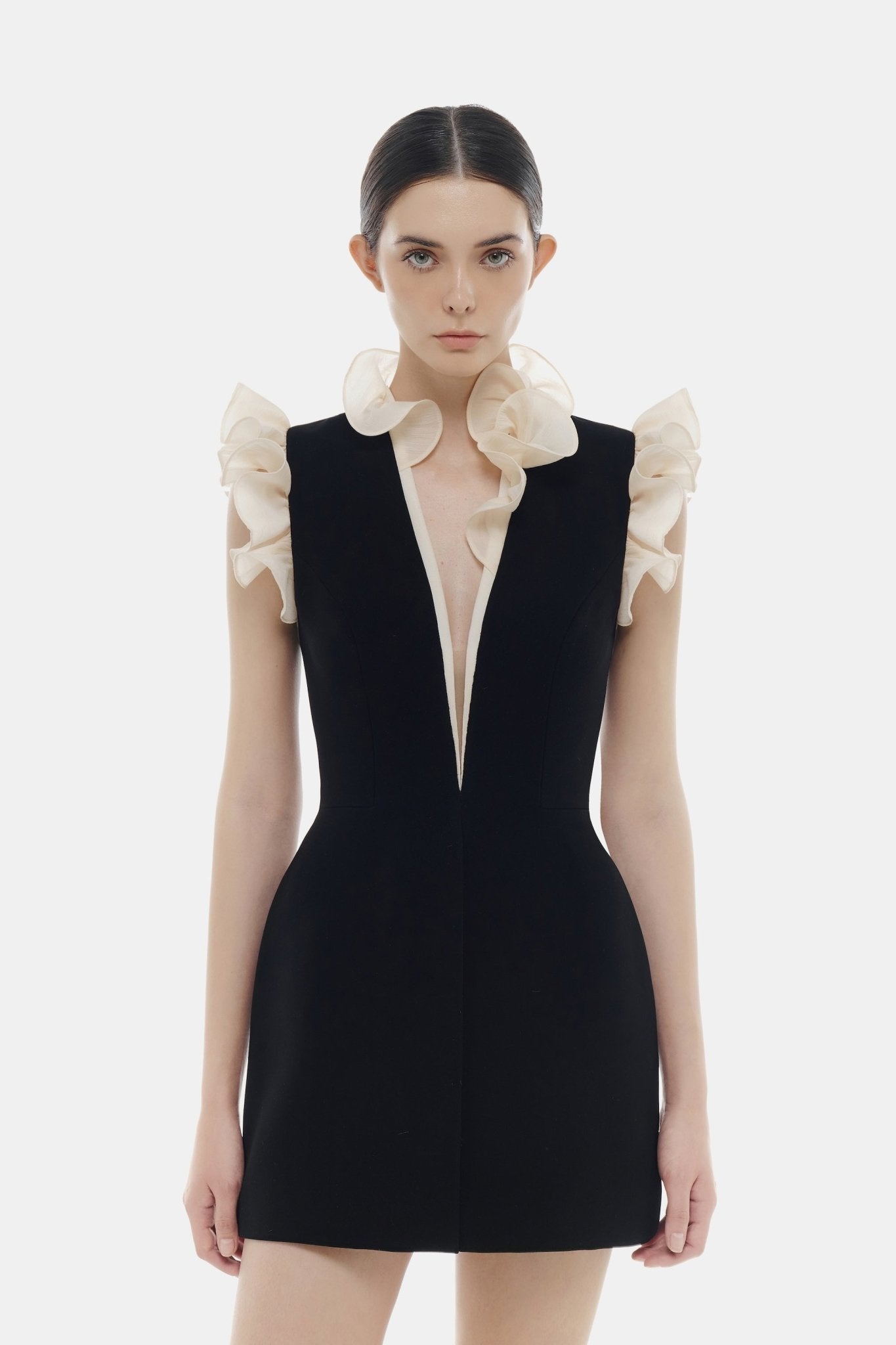 Black Ruffle Vneck Mini Dress Dresses Montsand