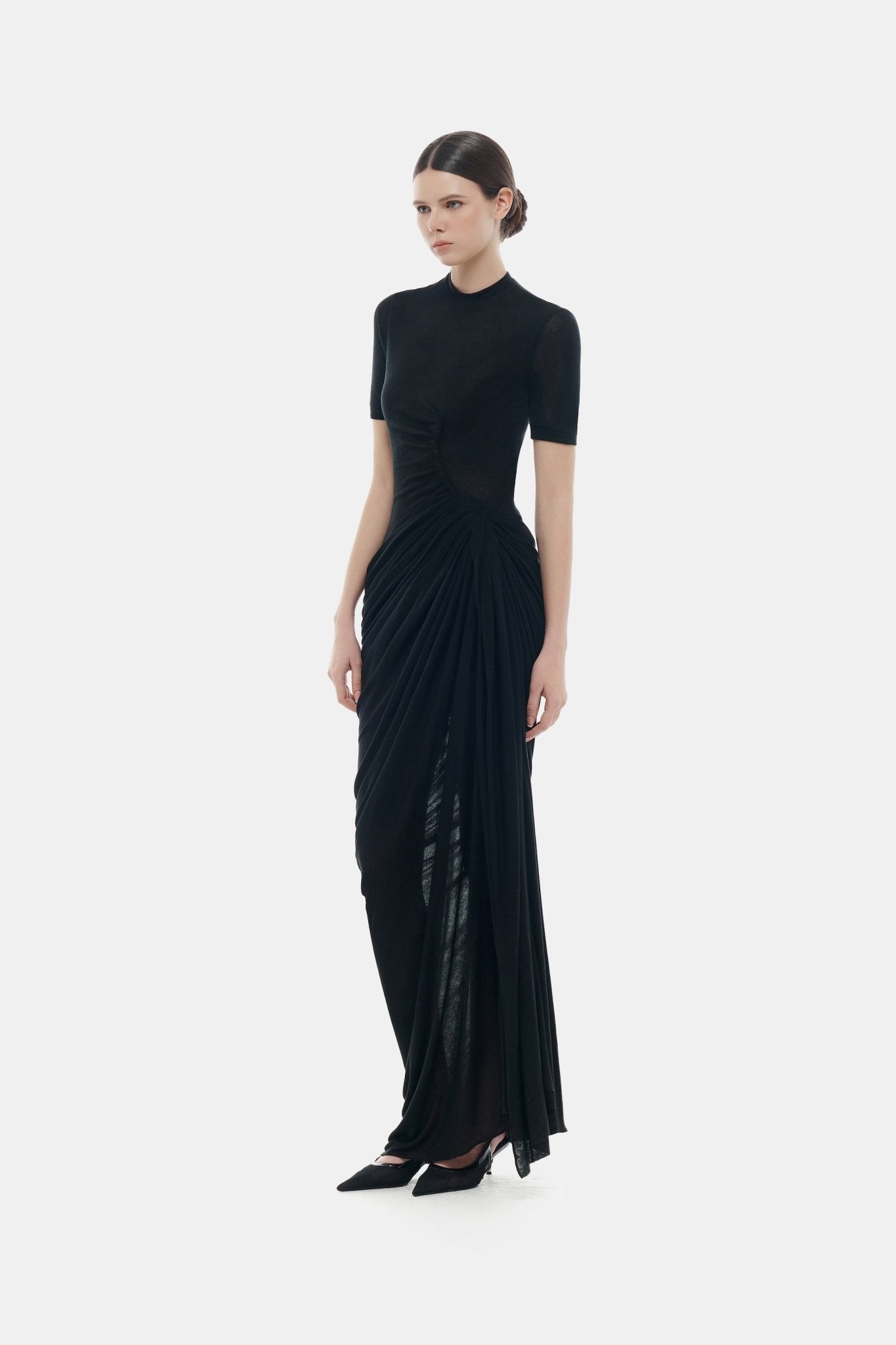 Black Short-sleeves Ruched Maxi Dress - S Black Short-sleeves Ruched Maxi Dress - S