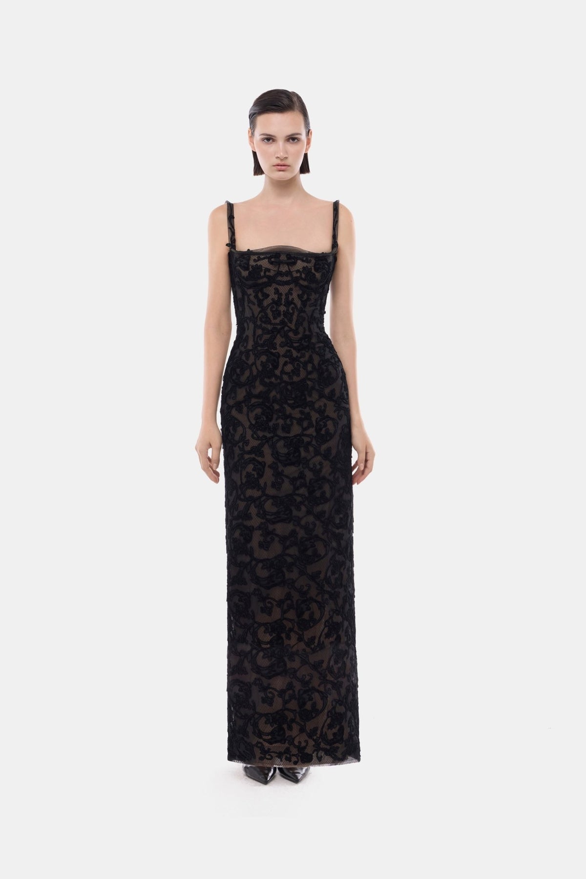 Black Straight Neckline Bodice Maxi Dress - Montsand