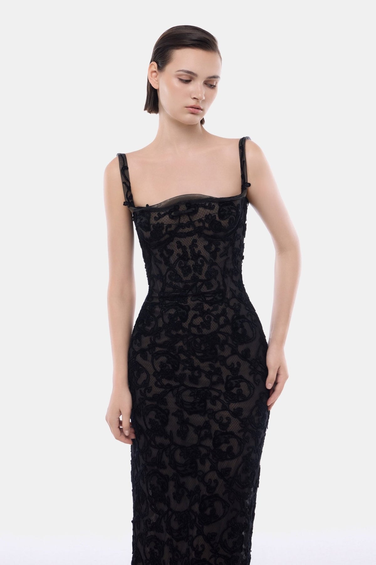 Black Straight Neckline Bodice Maxi Dress - Montsand
