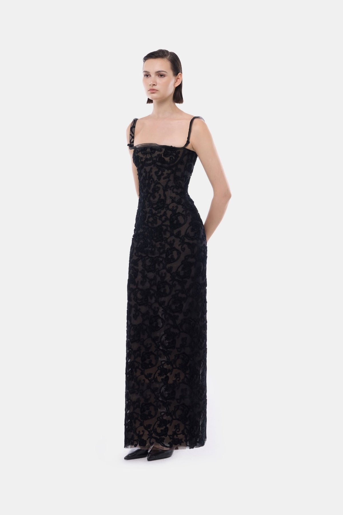 Black Straight Neckline Bodice Maxi Dress - Montsand