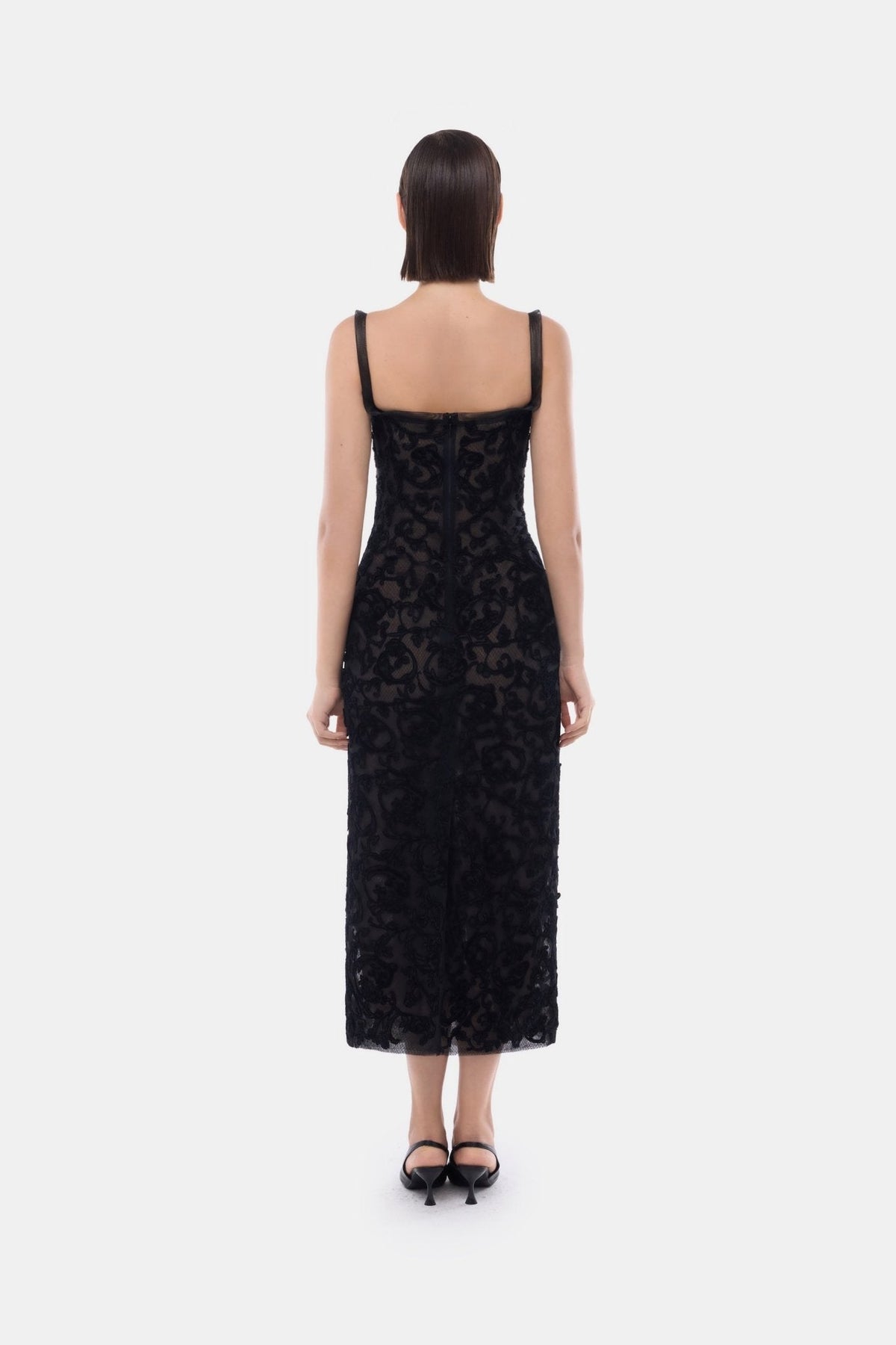 Black Straight Neckline Bodice Midi Dress - Montsand