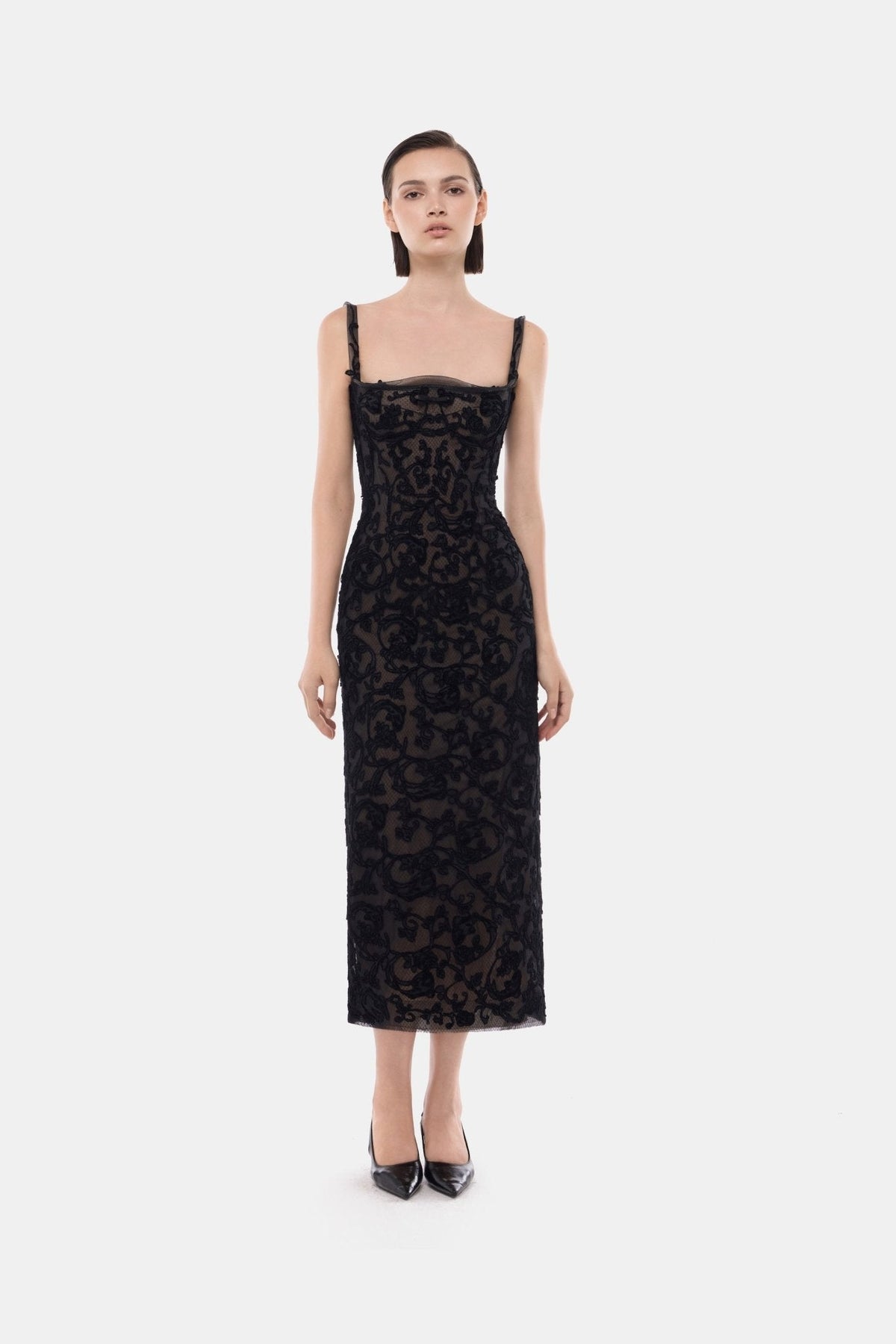 Black Straight Neckline Bodice Midi Dress - Montsand
