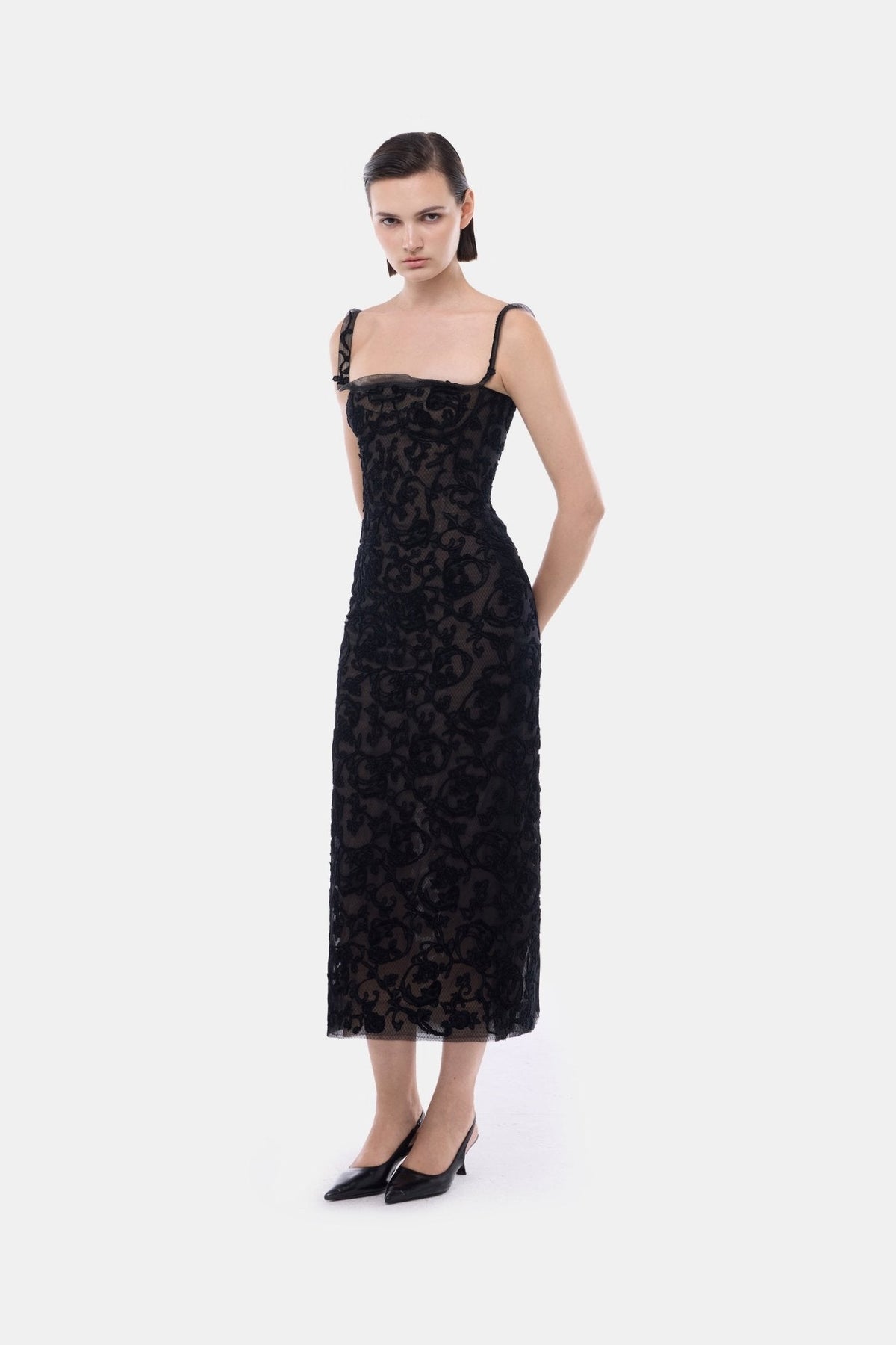 Black Straight Neckline Bodice Midi Dress - Montsand