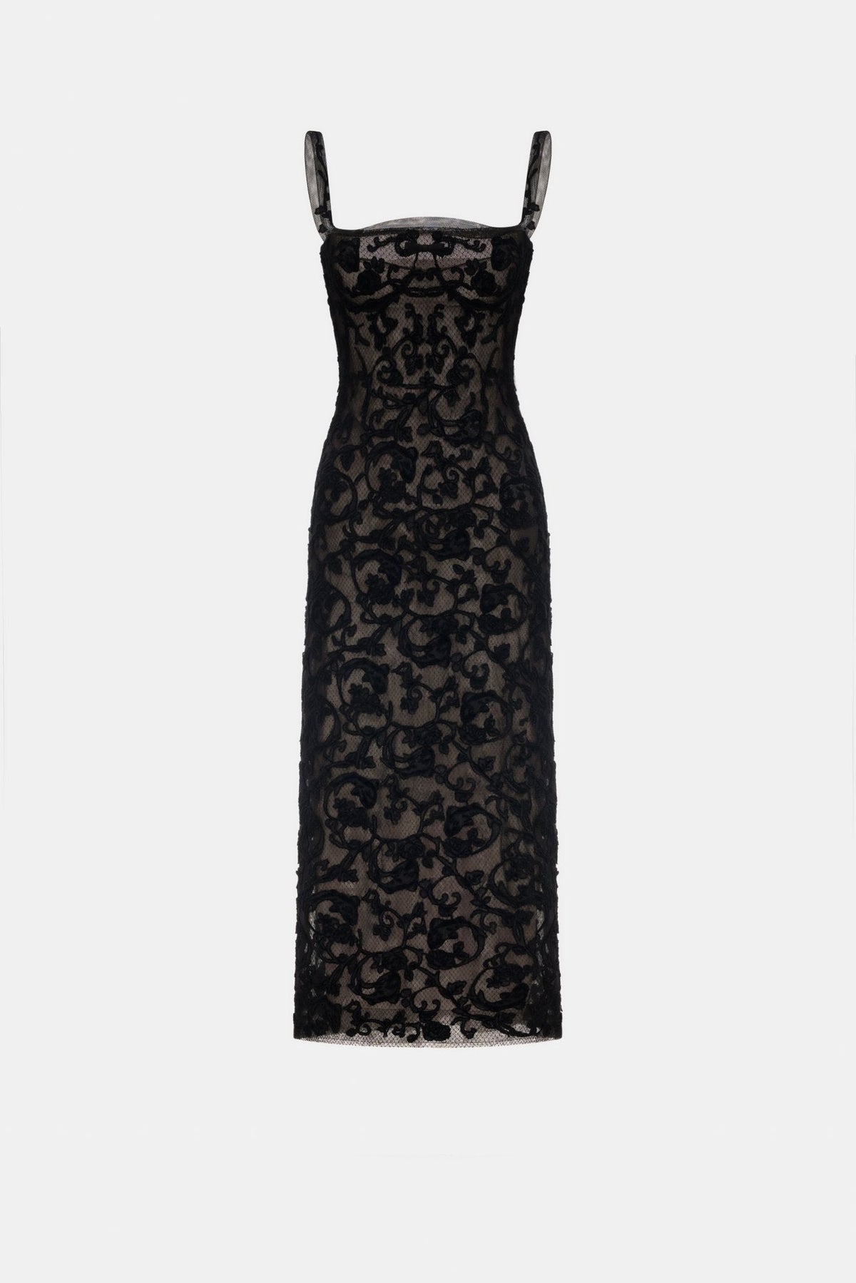 Black Straight Neckline Bodice Midi Dress - Montsand