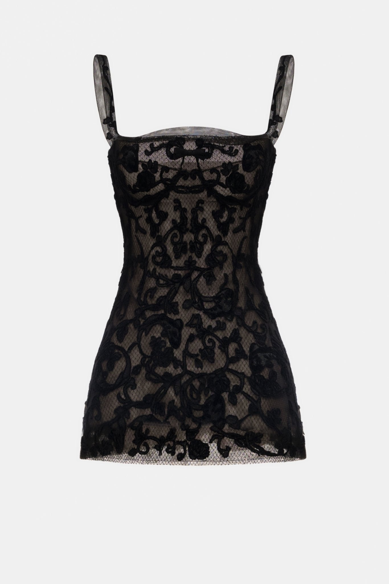 Black Straight Neckline Bodice Mini Dress - Montsand