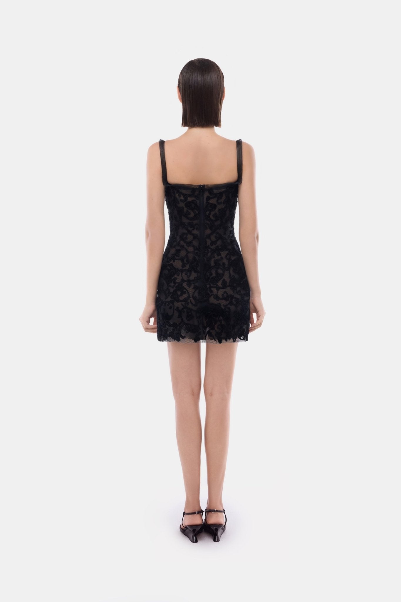 Black Straight Neckline Bodice Mini Dress - Montsand
