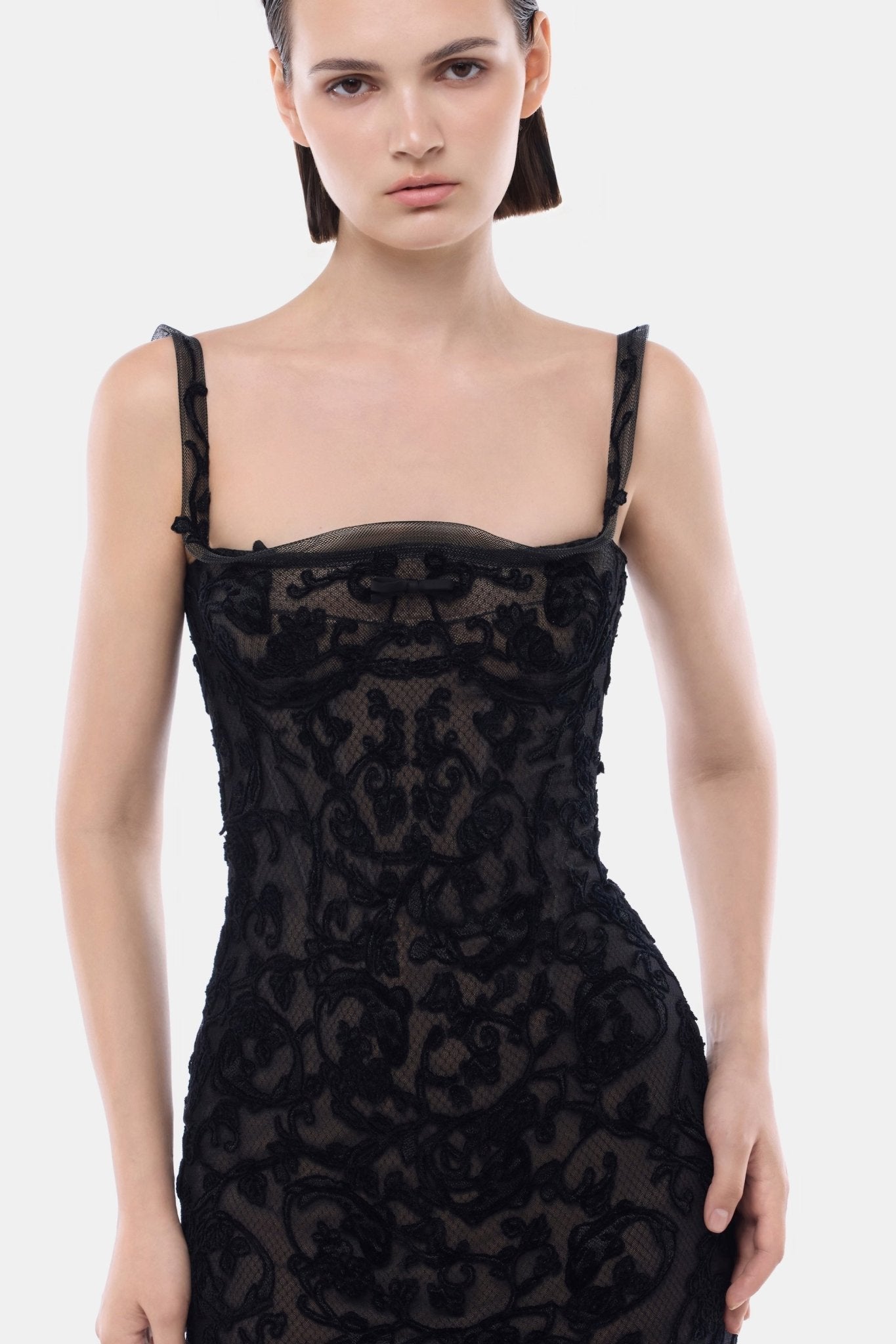 Black Straight Neckline Bodice Mini Dress - Montsand