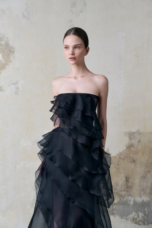 Black Tiered Strapless Dress - Montsand