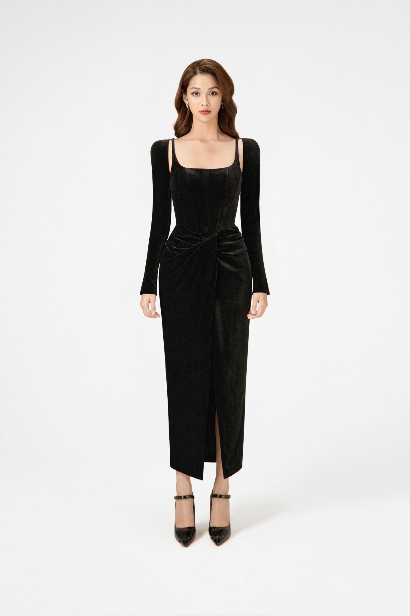 Black Velvet Draped Dress - Montsand