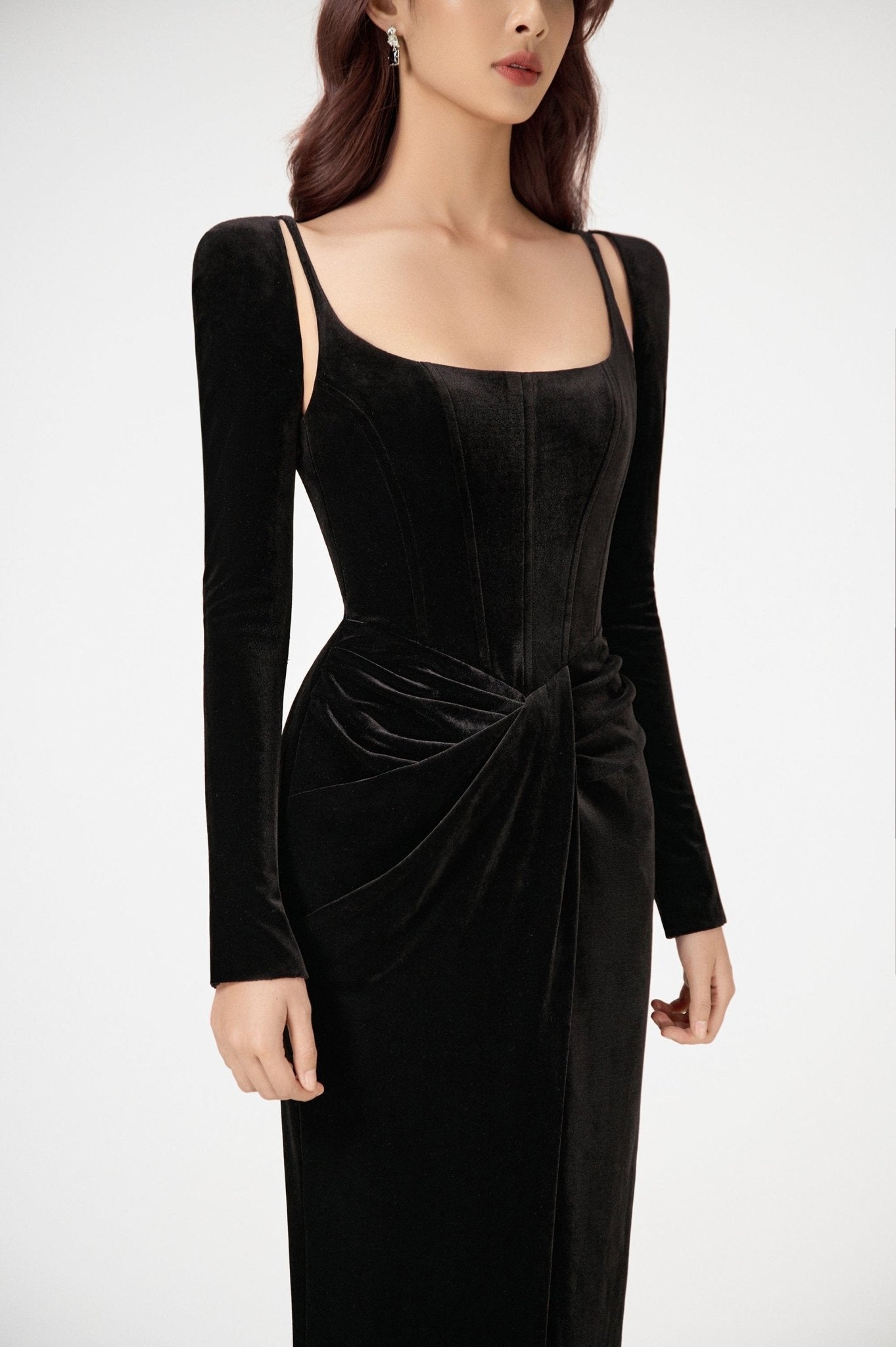 Black Velvet Draped Dress - Montsand