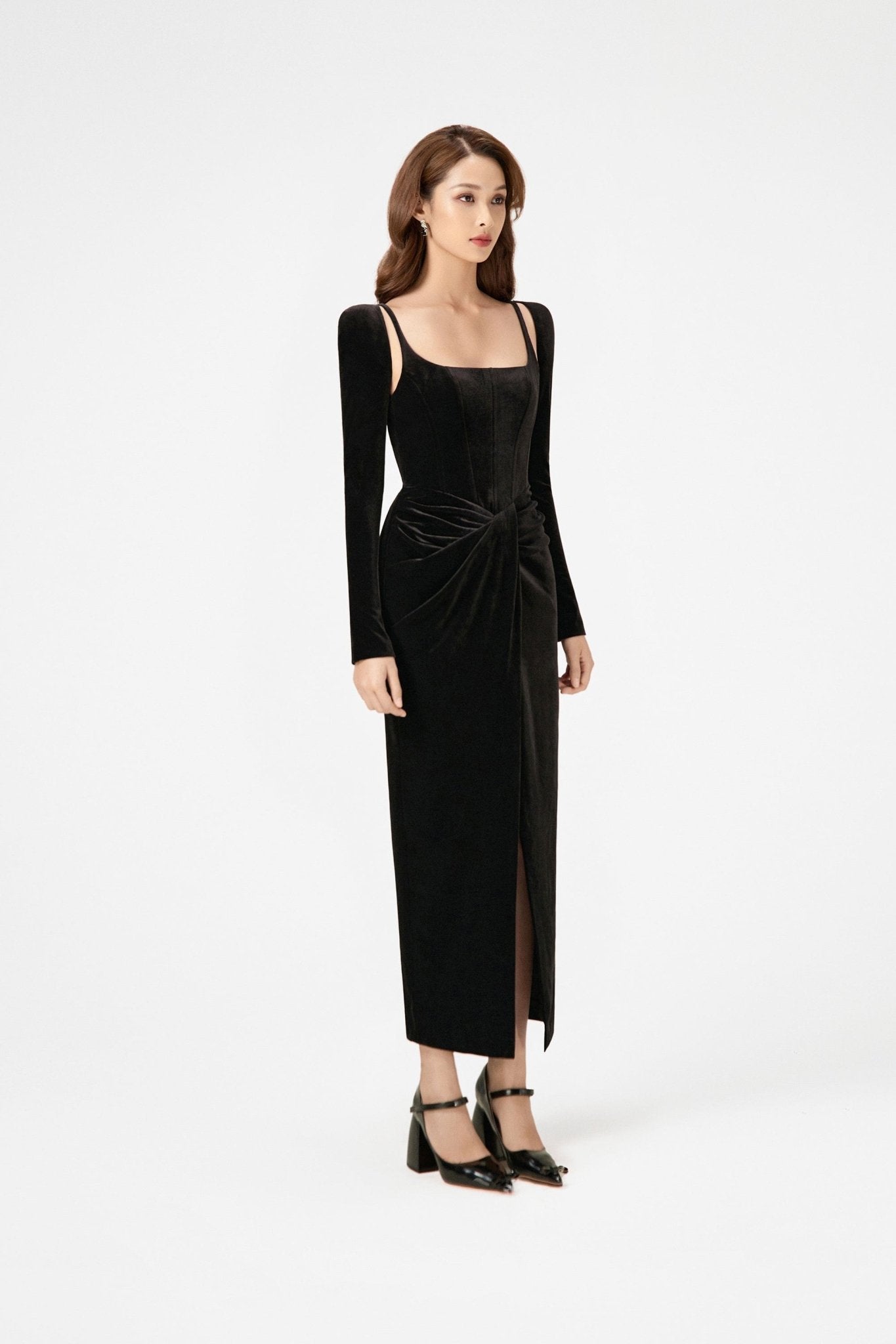 Black Velvet Draped Dress - Montsand