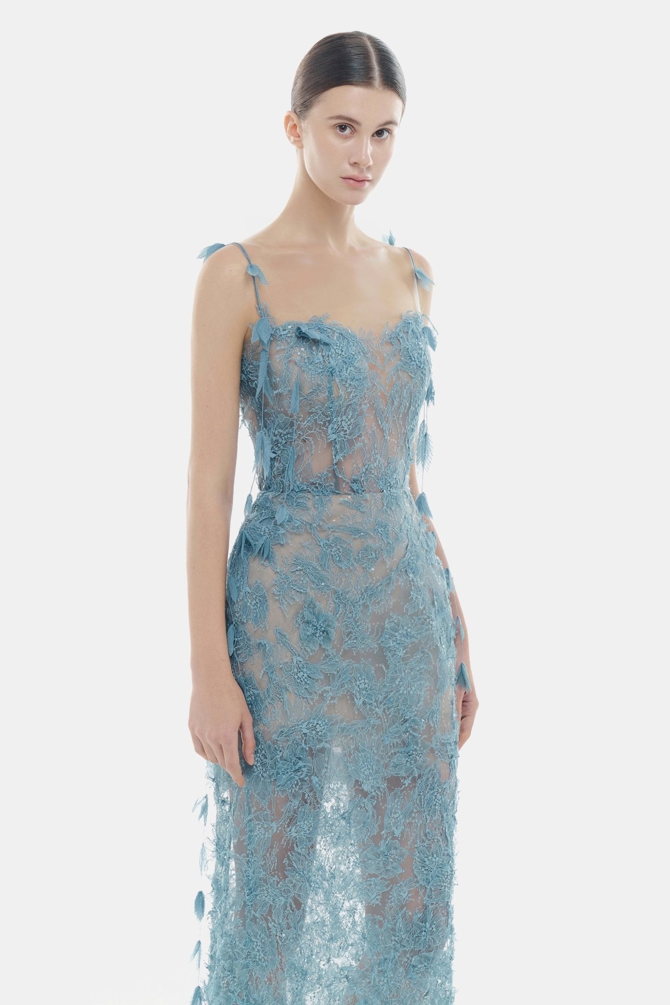Blue Beaded Lace Pencil Dress - Montsand