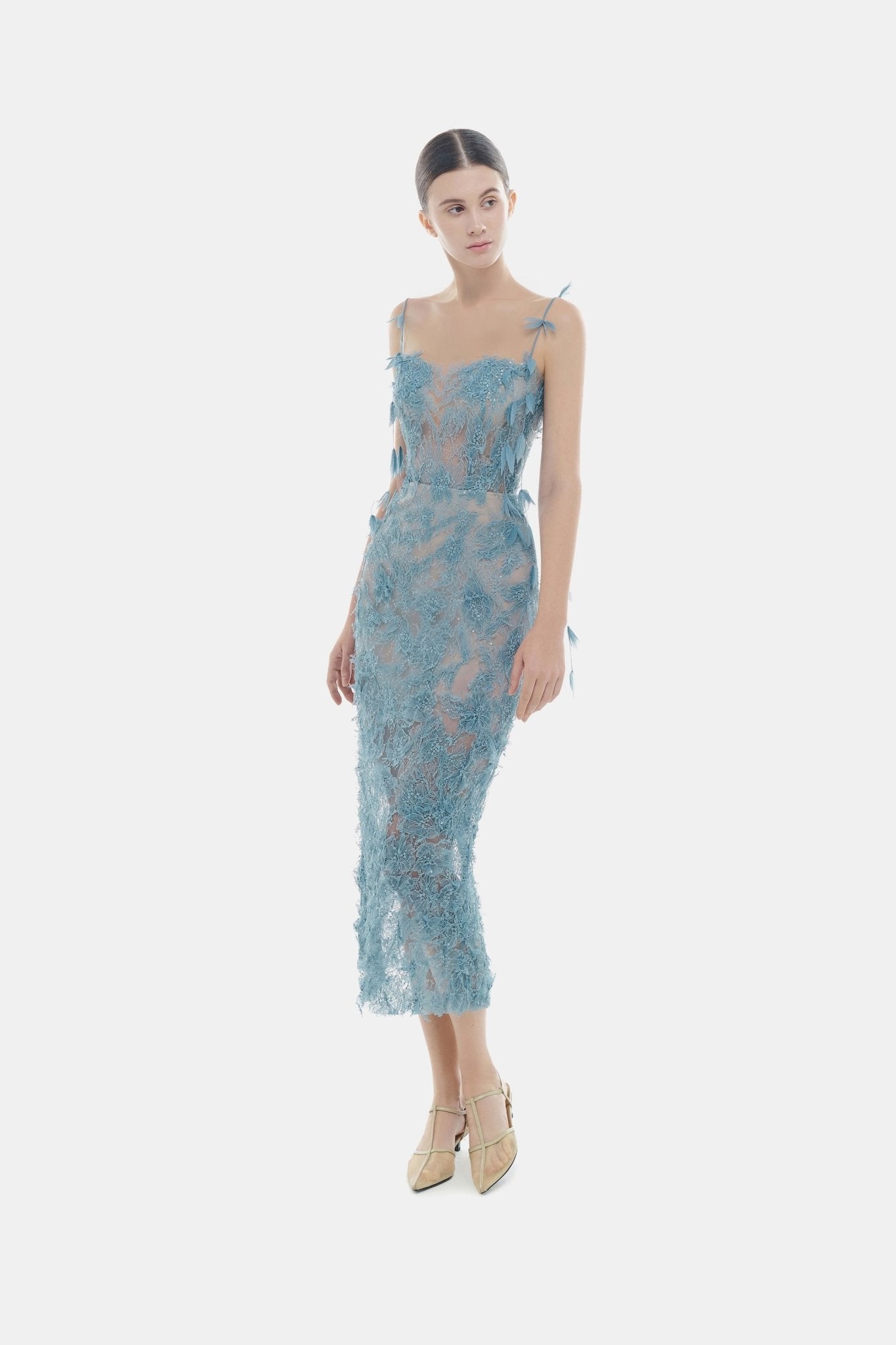 Blue Beaded Lace Pencil Dress XS
