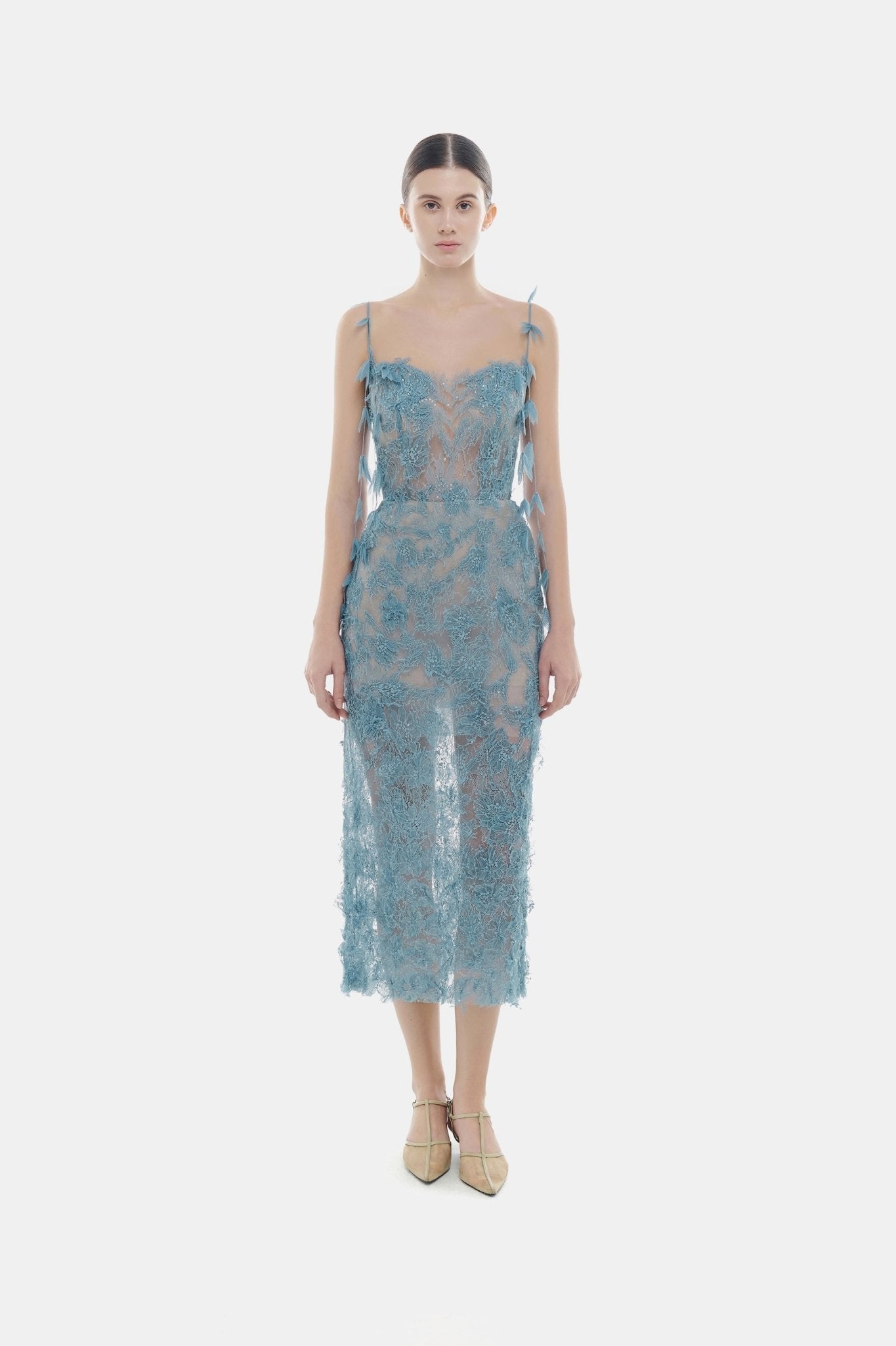 Blue Beaded Lace Pencil Dress - Montsand