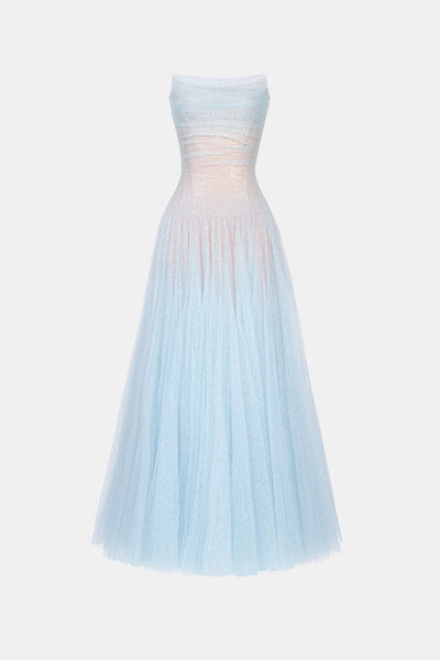 Blue Draped Lace Maxi Dress XS