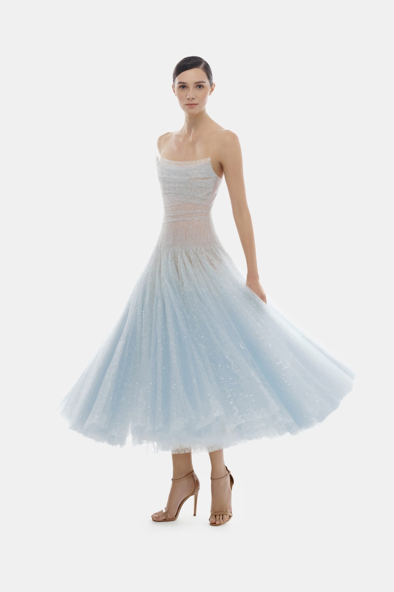 Blue Draped Lace Midi Dress - Montsand