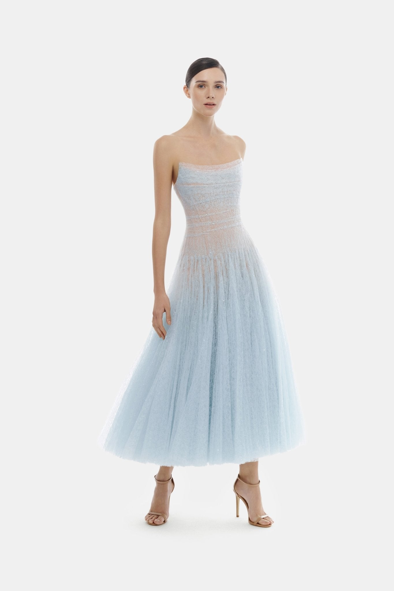 Blue Draped Lace Midi Dress L