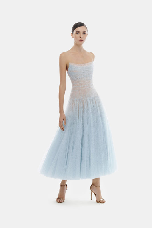 Blue Draped Lace Midi Dress - Montsand