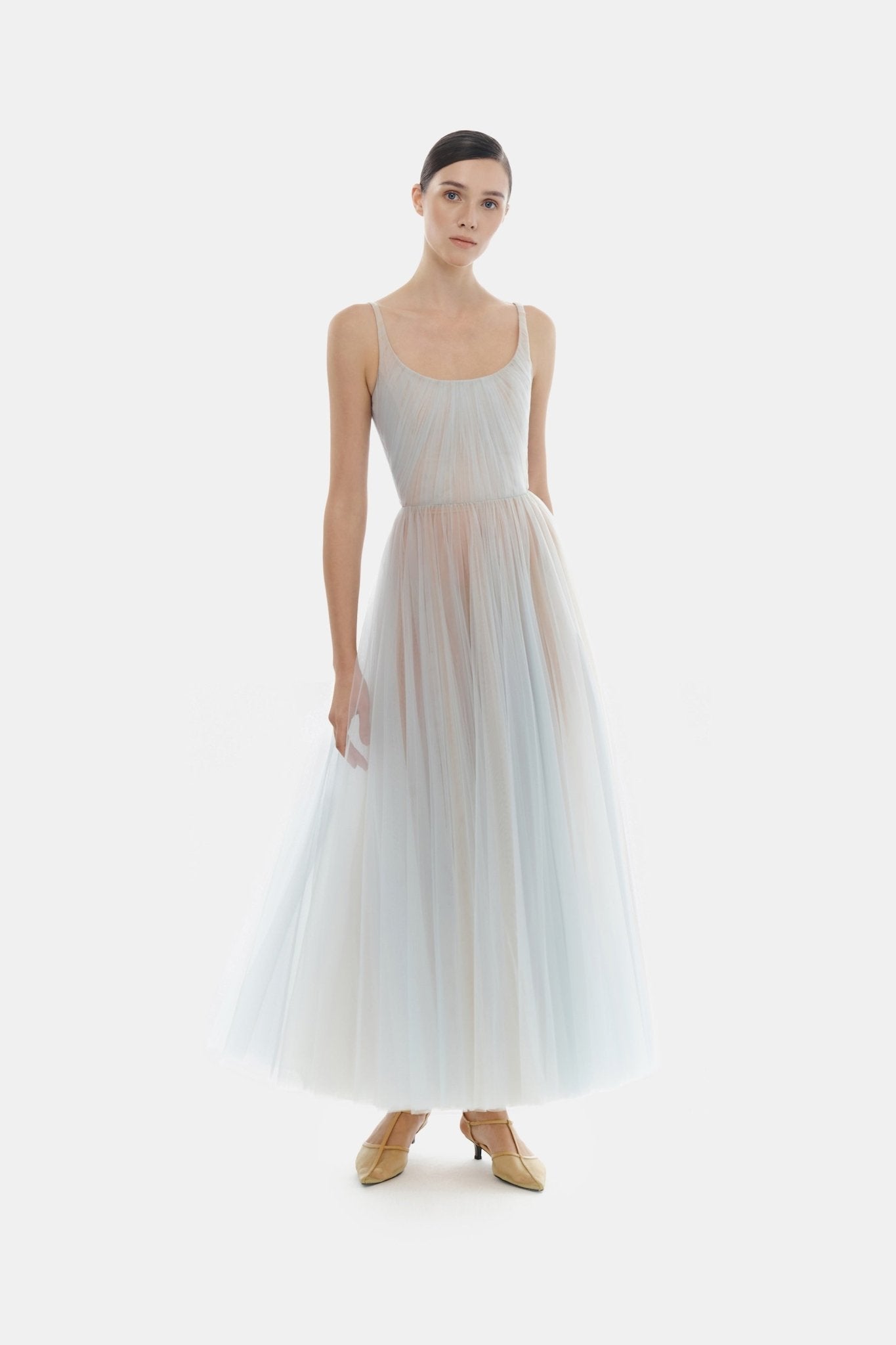 Blue Draped Tulle Midi Dress - Montsand