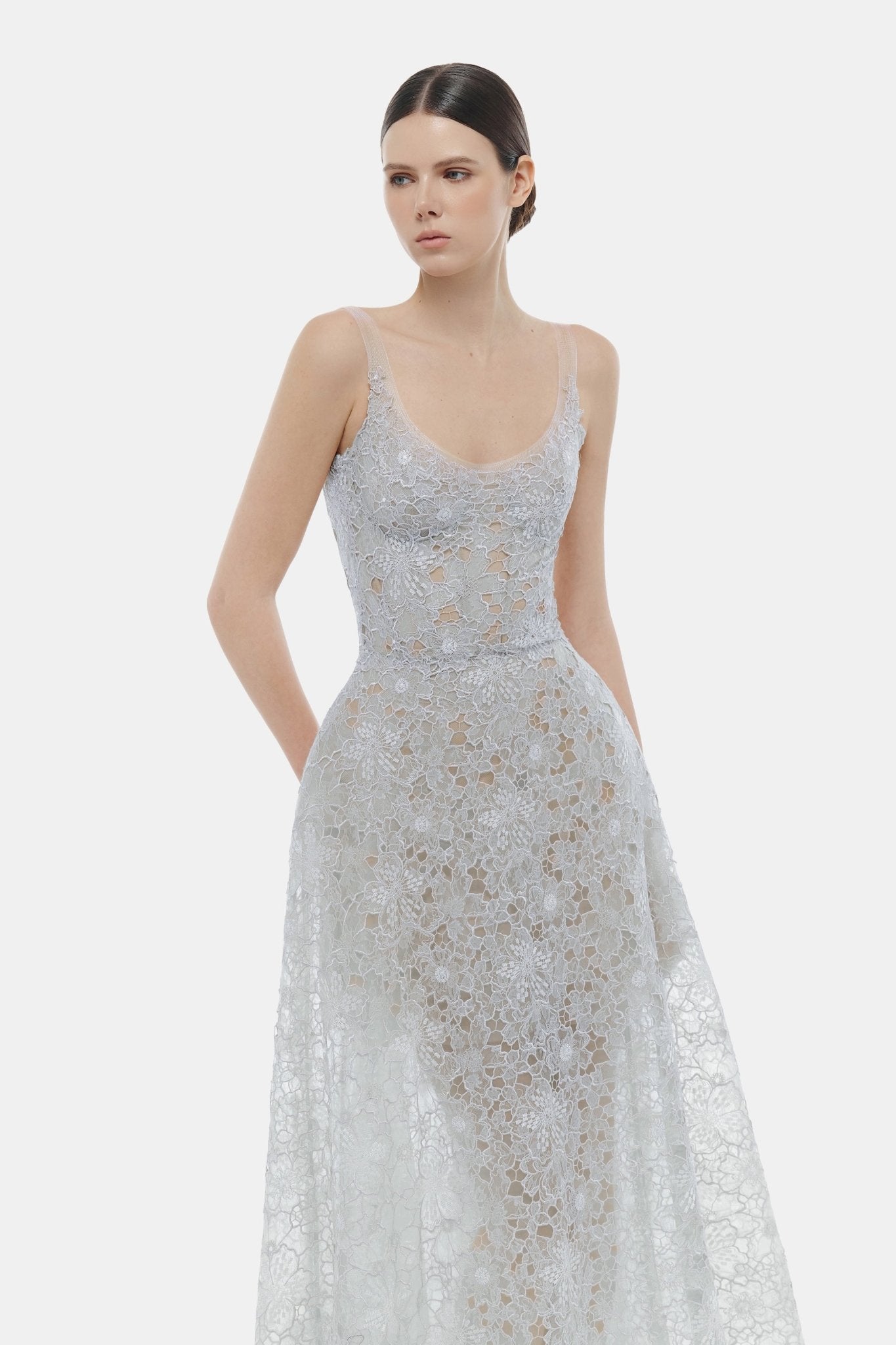 Blue Flower Lace Midi Dress S Blue Flower Lace Midi Dress S