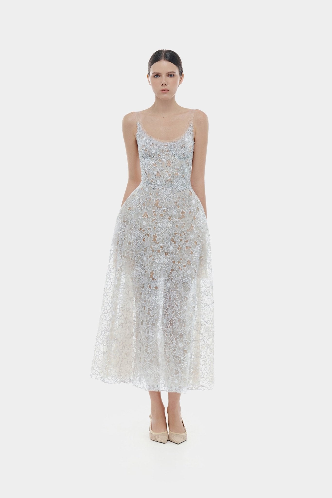 Blue Flower Lace Midi Dress S Blue Flower Lace Midi Dress S