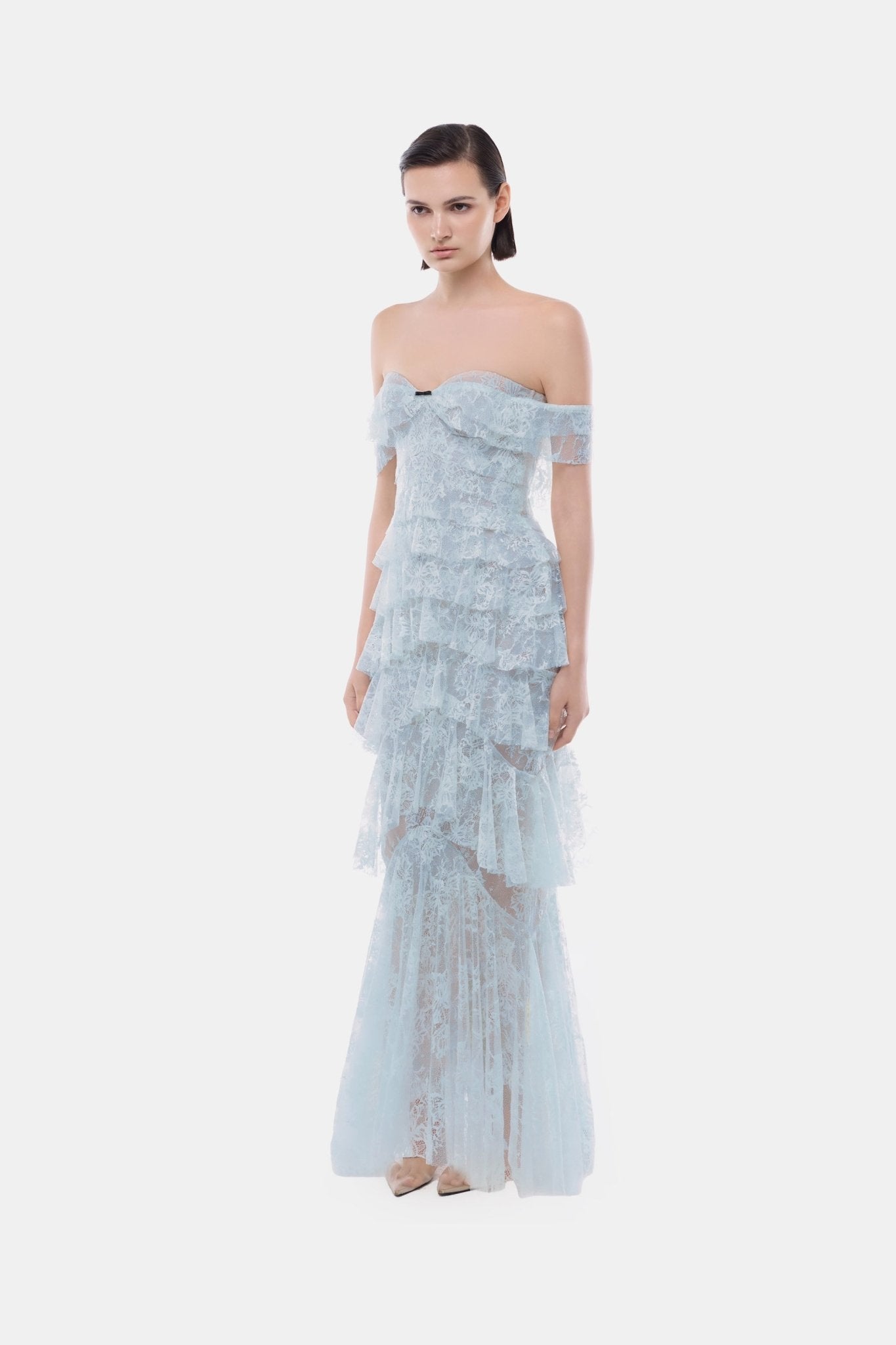 Blue Lace Ruffle Strap Off Maxi Dress - Montsand