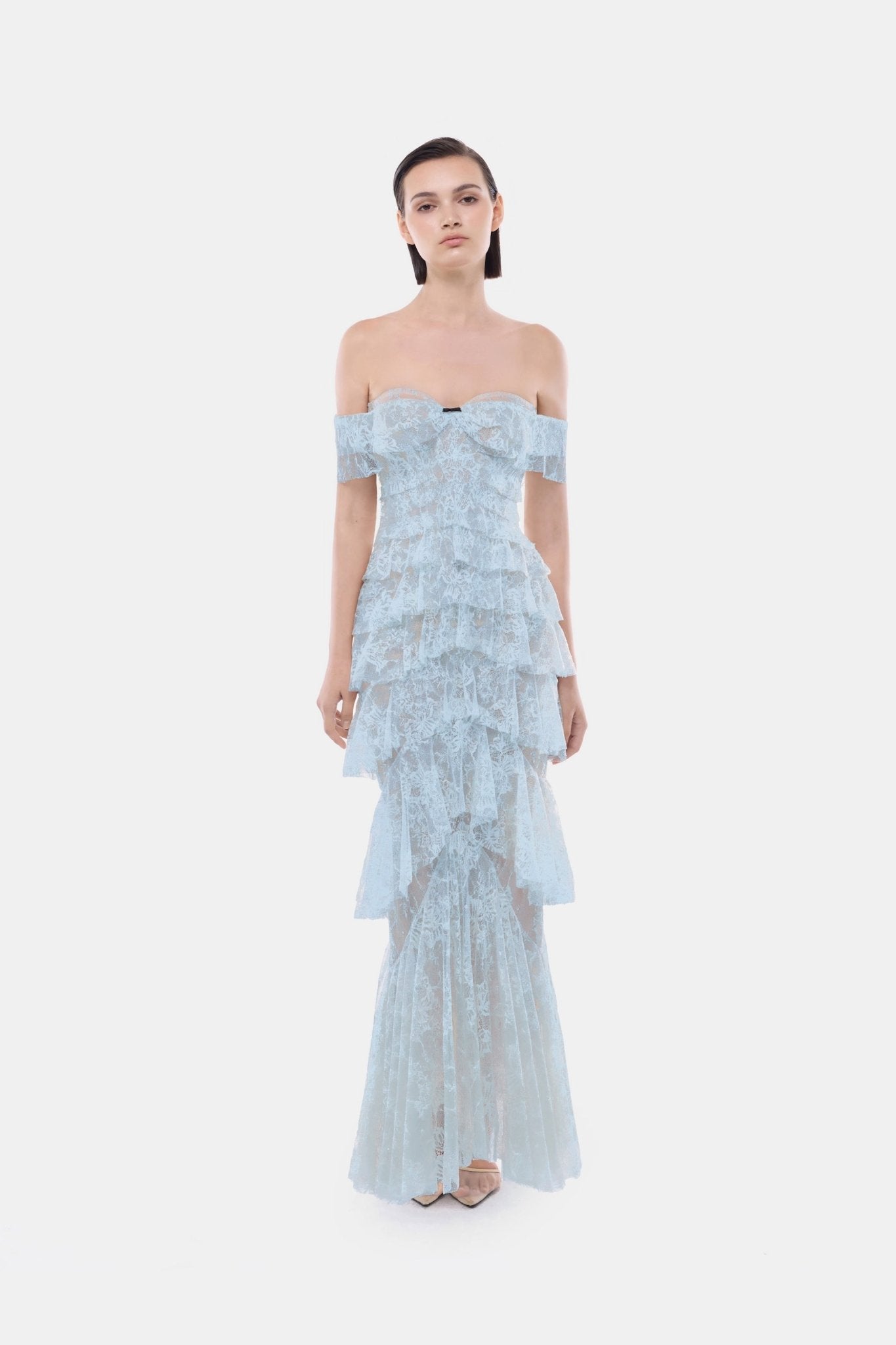 Blue Lace Ruffle Strap Off Maxi Dress - Montsand