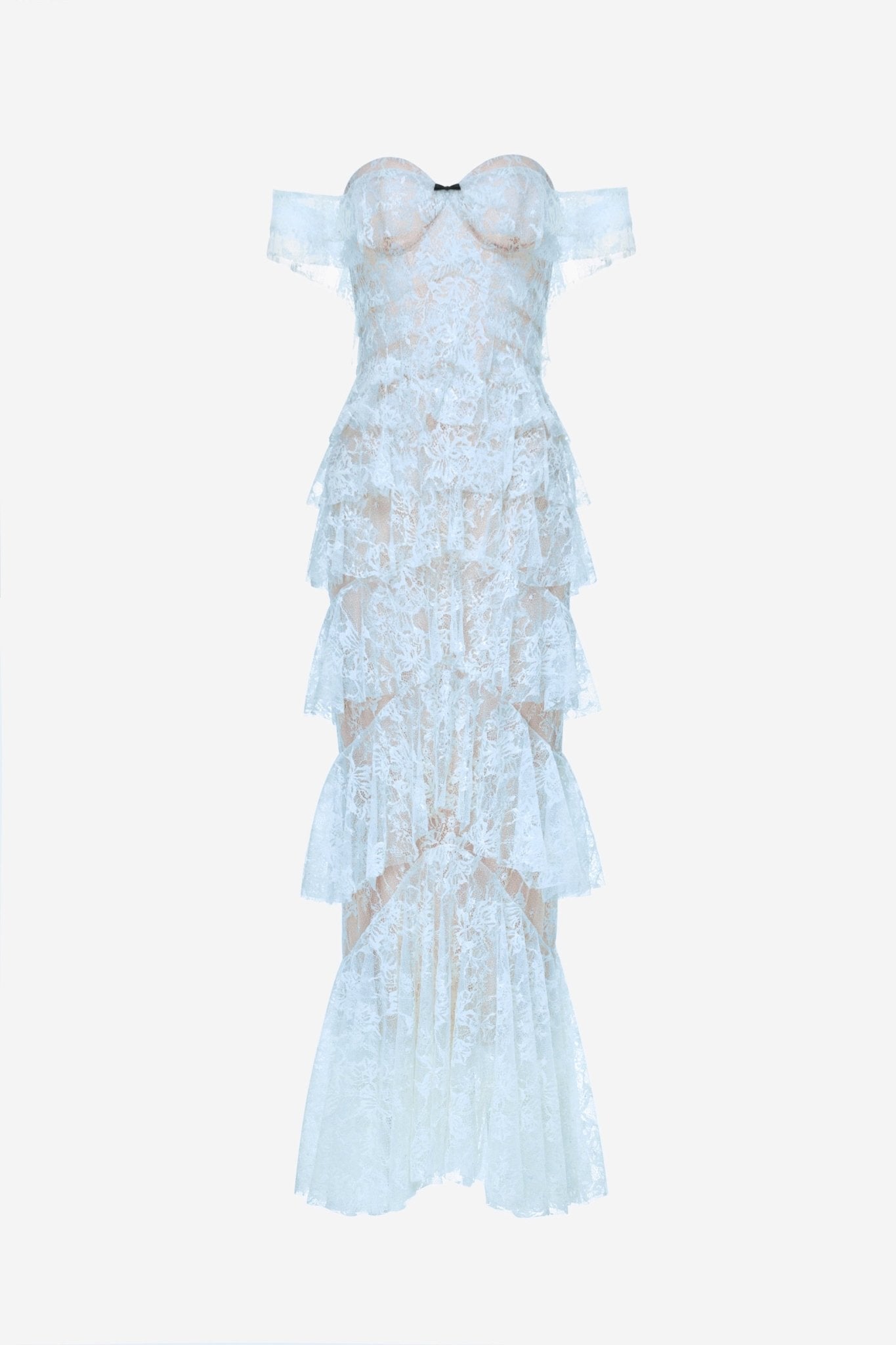Blue Lace Ruffle Strap Off Maxi Dress - Montsand