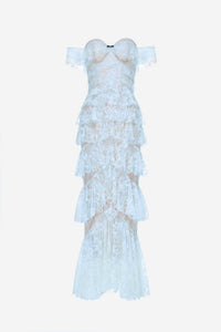 Blue Lace Ruffle Strap Off Maxi Dress - Montsand
