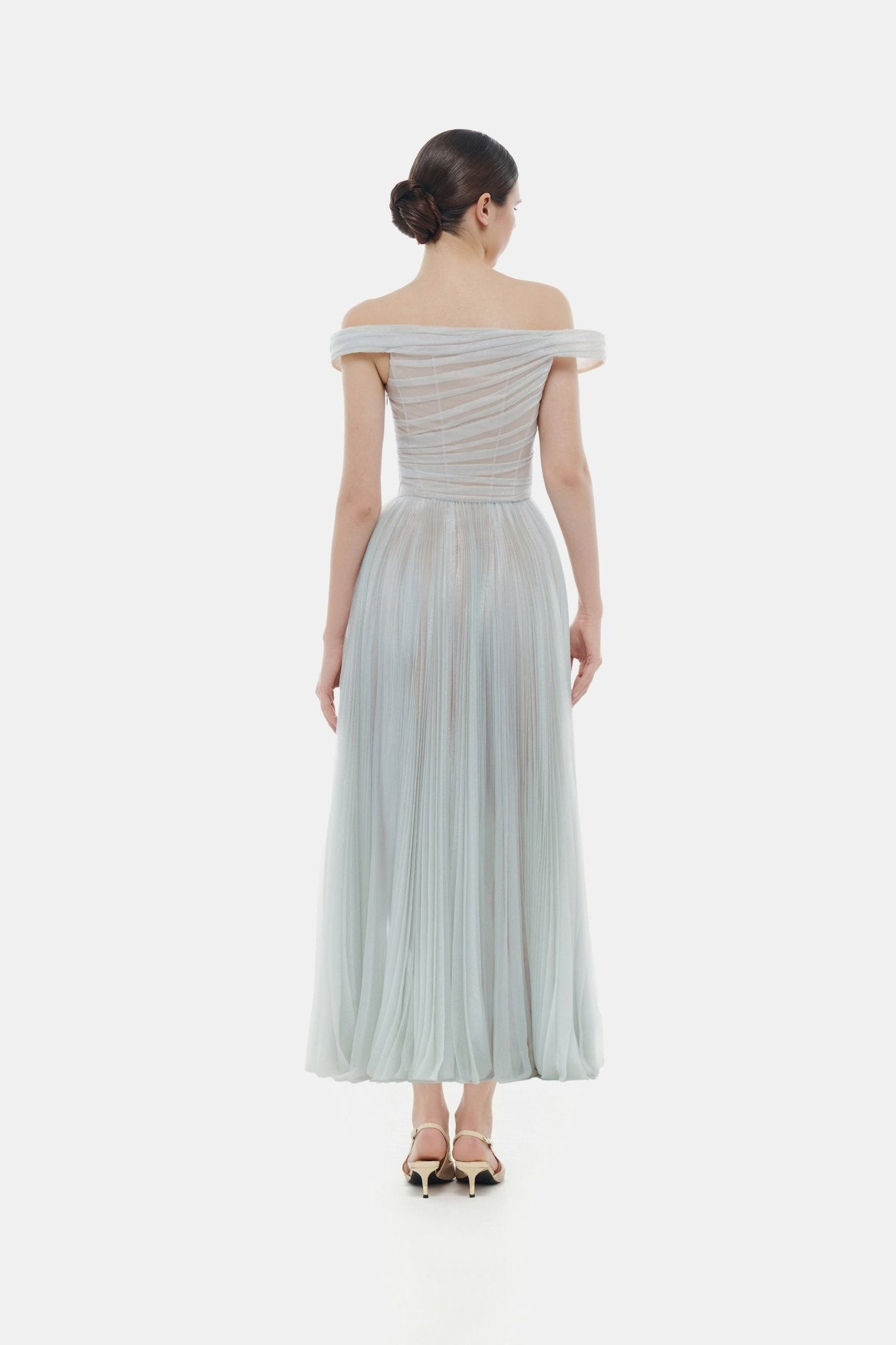 off shoulder formal midi dress White 100% Cotton Midi Off-Shoulder Dress 48" / Custom Height (Free)