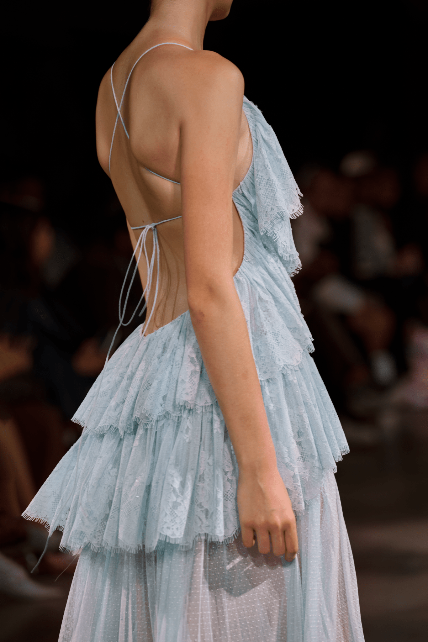 Blue Open-Back Tiered Mesh Dress - Montsand