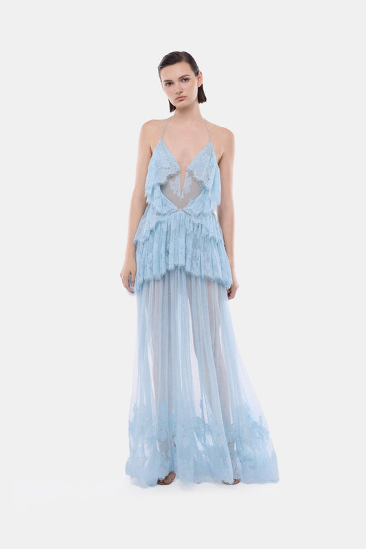 Blue Open-Back Tiered Mesh Dress - Montsand