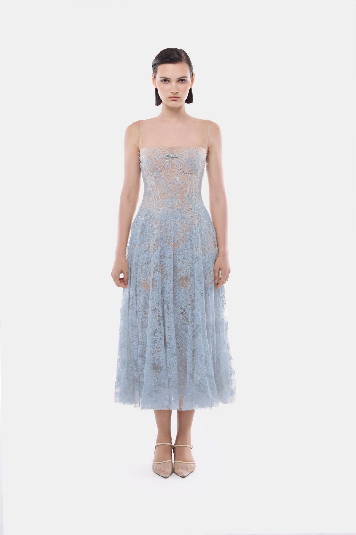 Blue Straight Neckline Pleat Midi Dress - Montsand