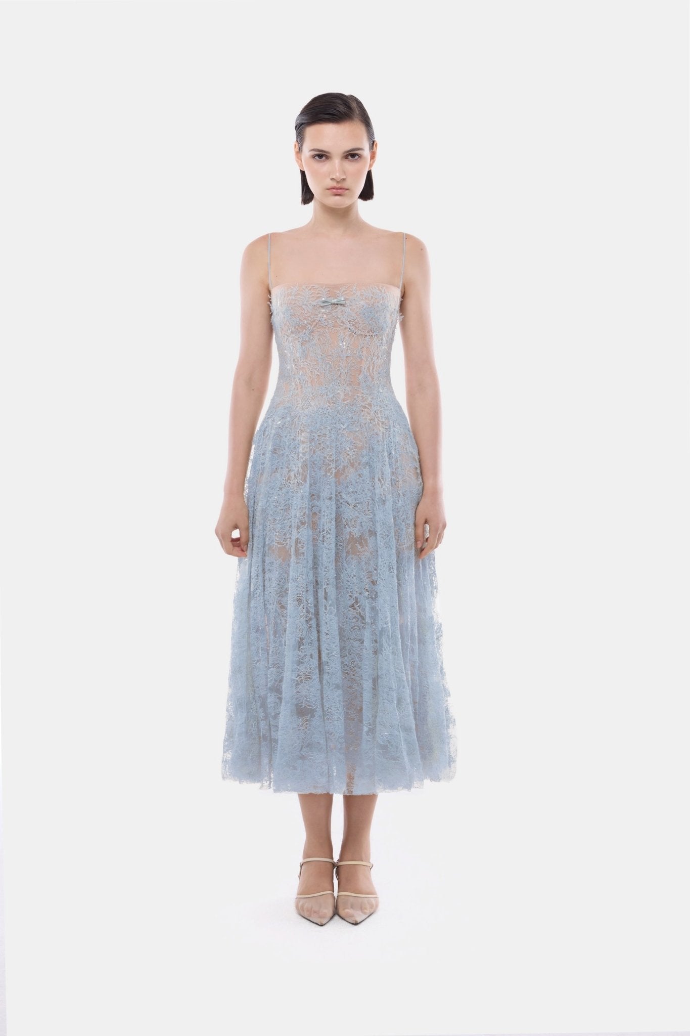 Blue Straight Neckline Pleat Midi Dress - Montsand