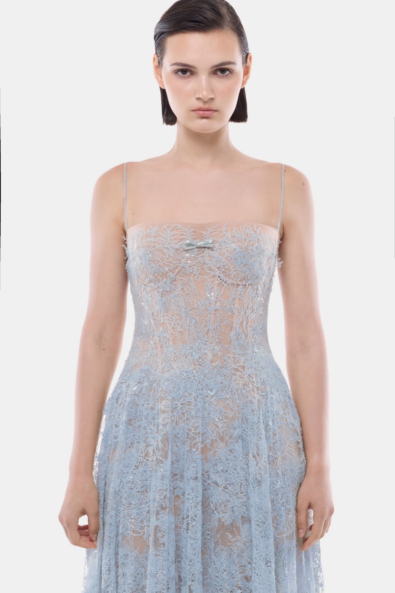 Blue Straight Neckline Pleat Midi Dress - Montsand